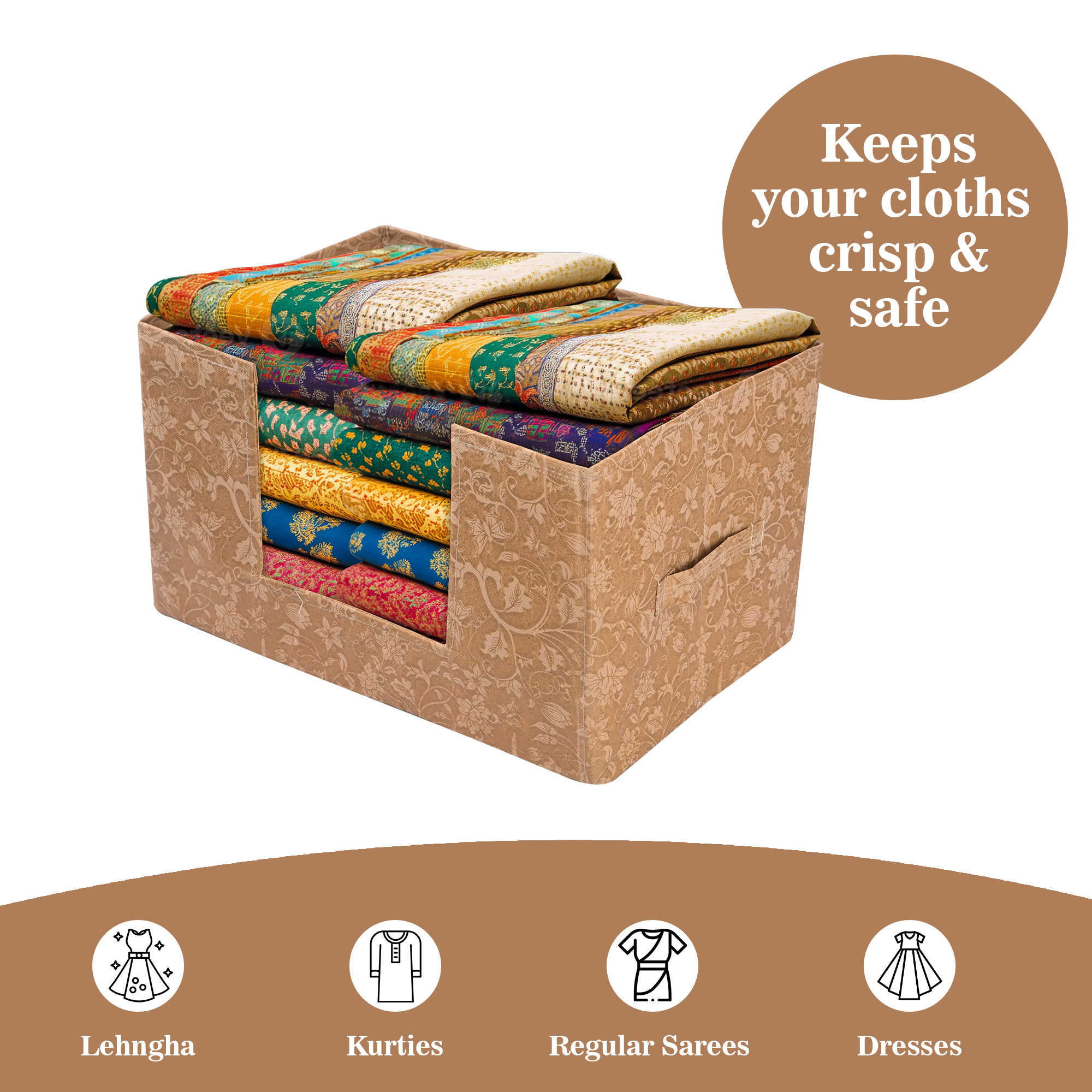 Kuber Industries Cloth Organizer for Storage Wardrobe  Closet Storage Organizer with Handle  Drawer Saree Box Organiser with Handle  Folding Storage Box for Clothes  New Flower  Beige