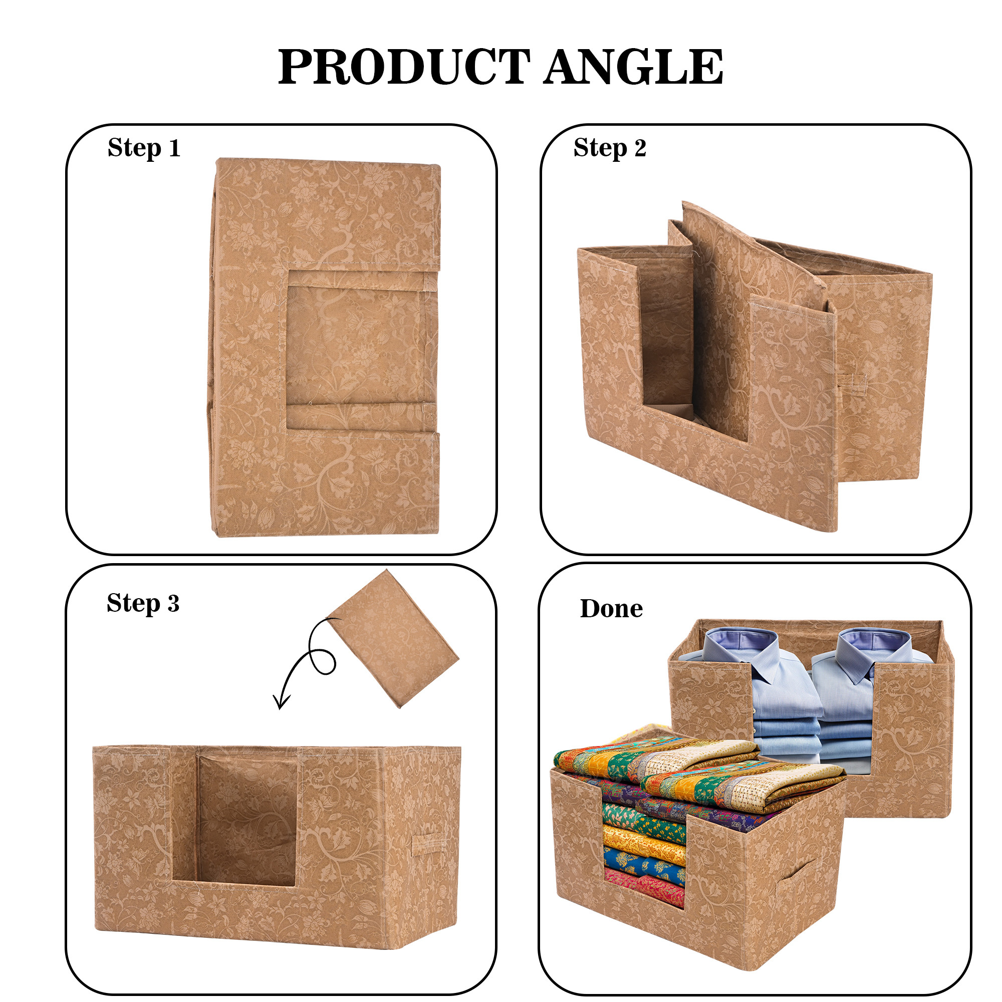 Kuber Industries Cloth Organizer for Storage Wardrobe  Closet Storage Organizer with Handle  Drawer Saree Box Organiser with Handle  Folding Storage Box for Clothes  New Flower  Beige