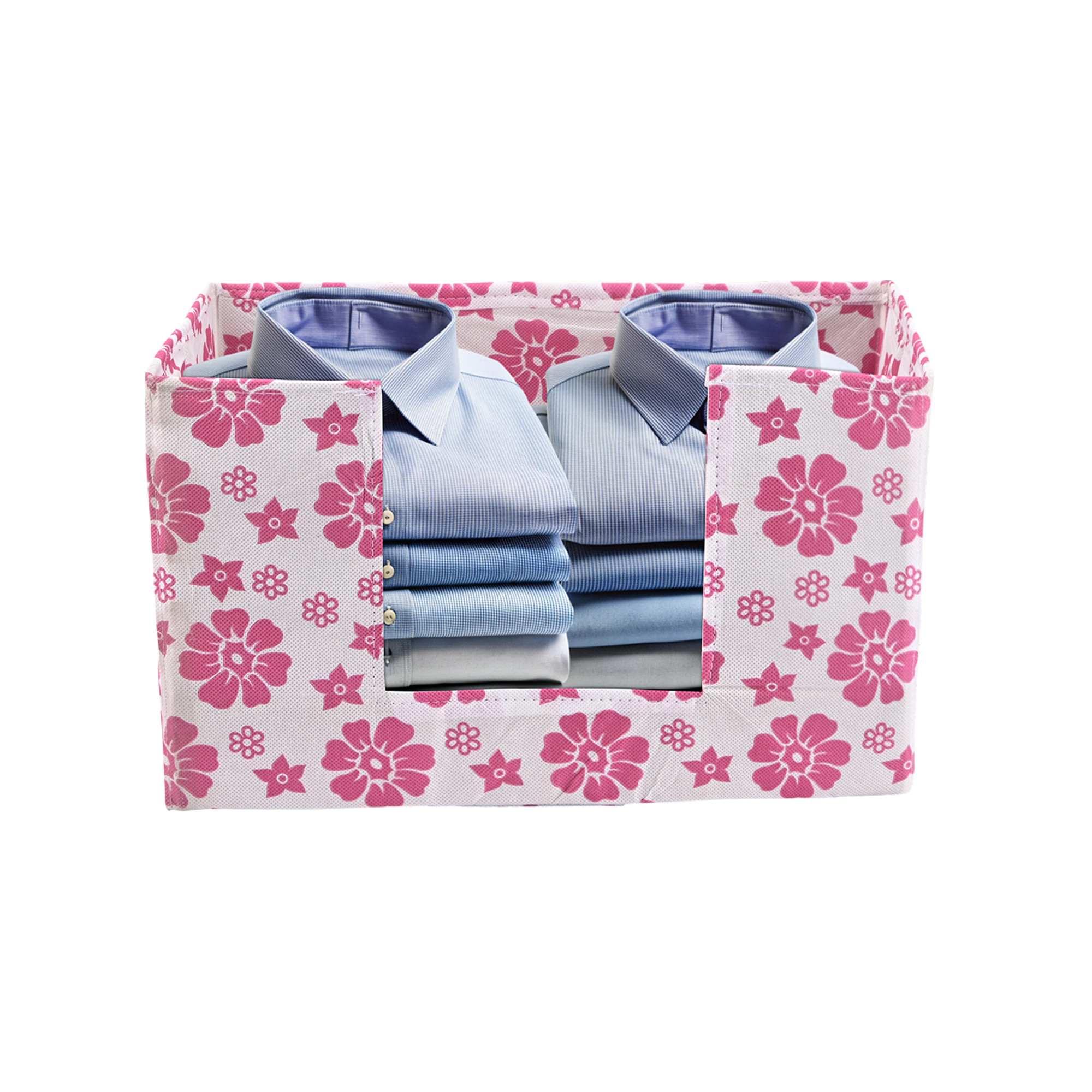 Kuber Industries Cloth Organizer for Storage Wardrobe  Closet Storage Organizer with Handle  Drawer Saree Box Organiser with Handle  Folding Storage Box for Clothes  Flower Print  Pink