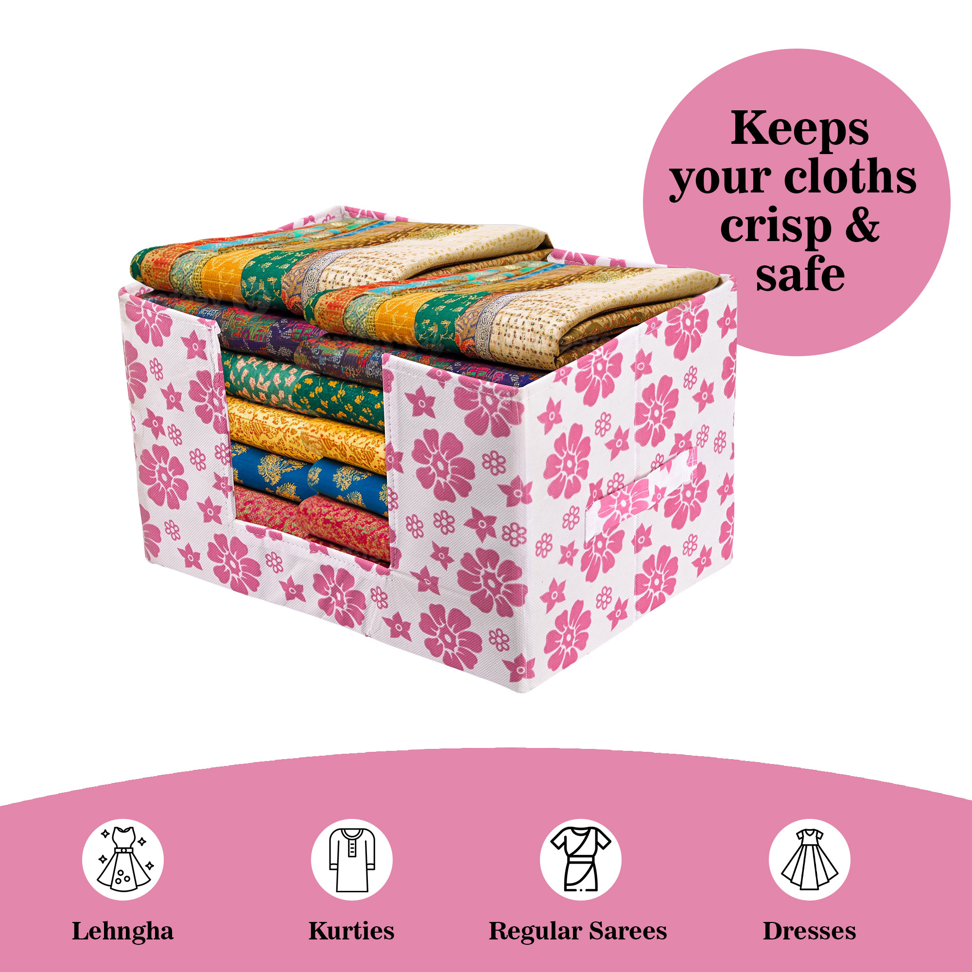 Kuber Industries Cloth Organizer for Storage Wardrobe  Closet Storage Organizer with Handle  Drawer Saree Box Organiser with Handle  Folding Storage Box for Clothes  Flower Print  Pink