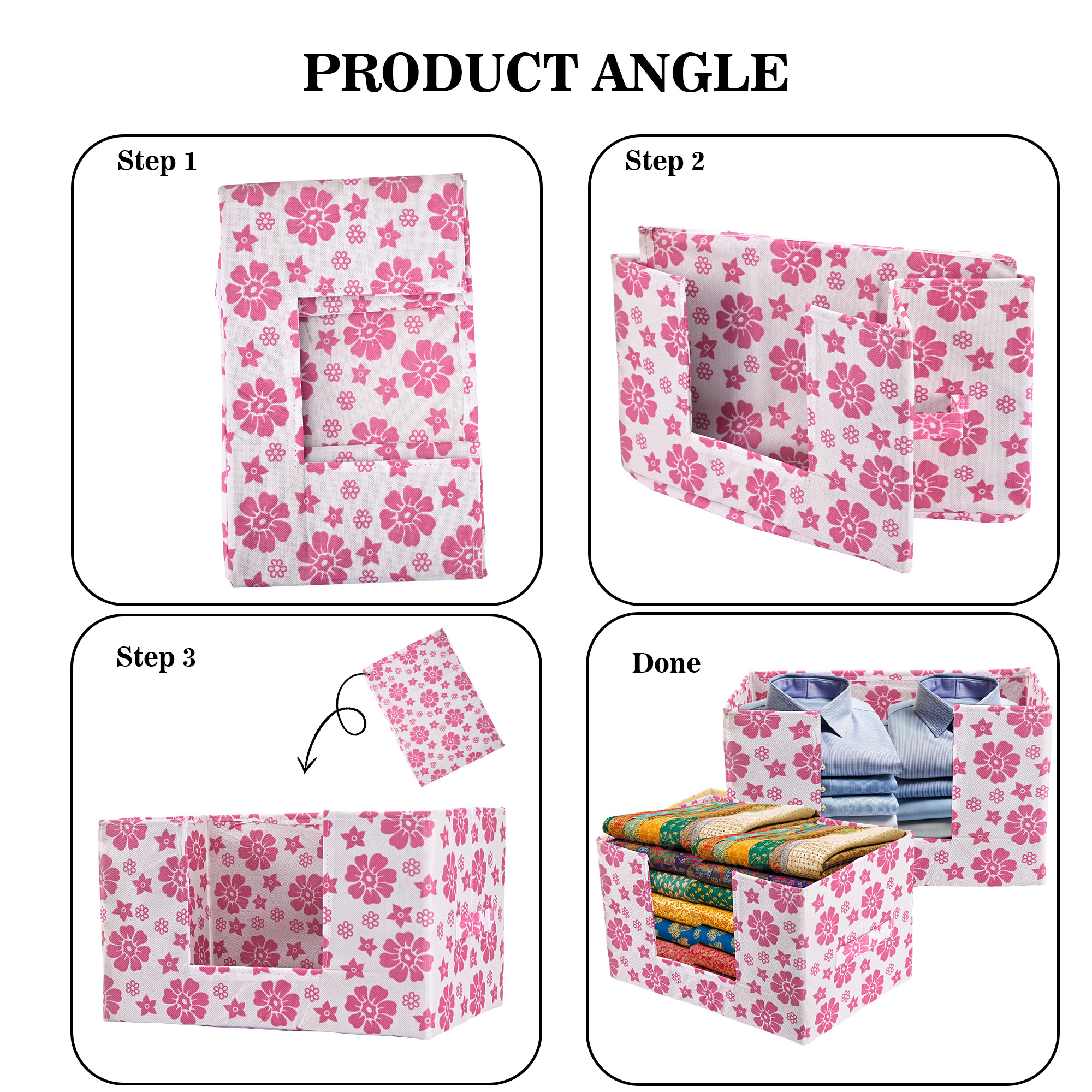 Kuber Industries Cloth Organizer for Storage Wardrobe  Closet Storage Organizer with Handle  Drawer Saree Box Organiser with Handle  Folding Storage Box for Clothes  Flower Print  Pink