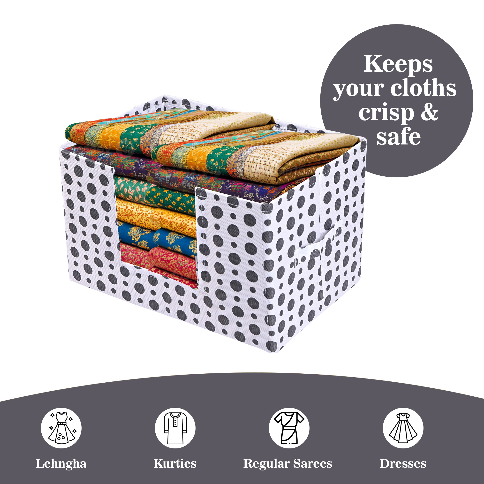 Kuber Industries Cloth Organizer for Storage Wardrobe  Closet Storage Organizer with Handle  Drawer Saree Box Organiser with Handle  Folding Storage Box for Clothes  Polka Dot  White