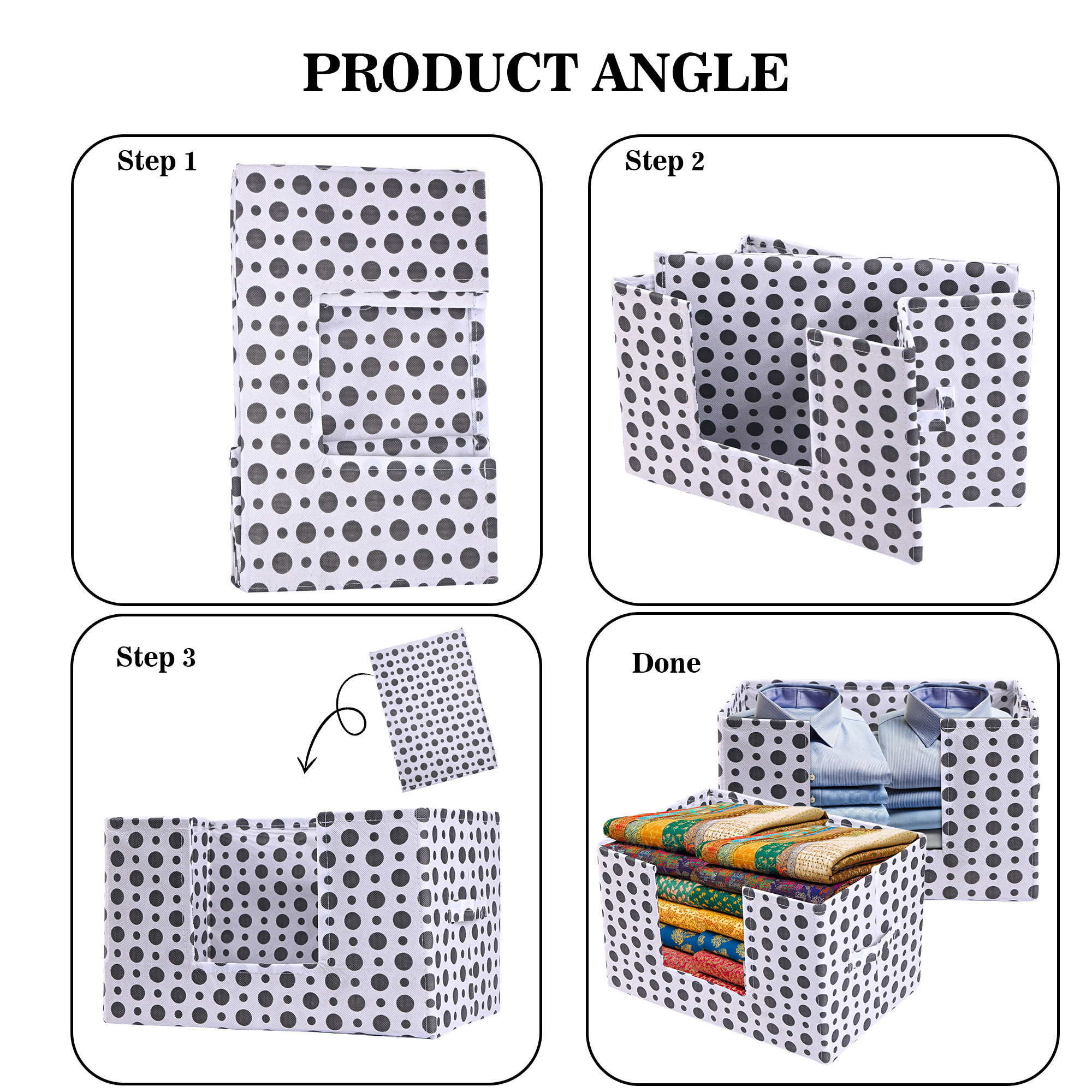 Kuber Industries Cloth Organizer for Storage Wardrobe  Closet Storage Organizer with Handle  Drawer Saree Box Organiser with Handle  Folding Storage Box for Clothes  Polka Dot  White