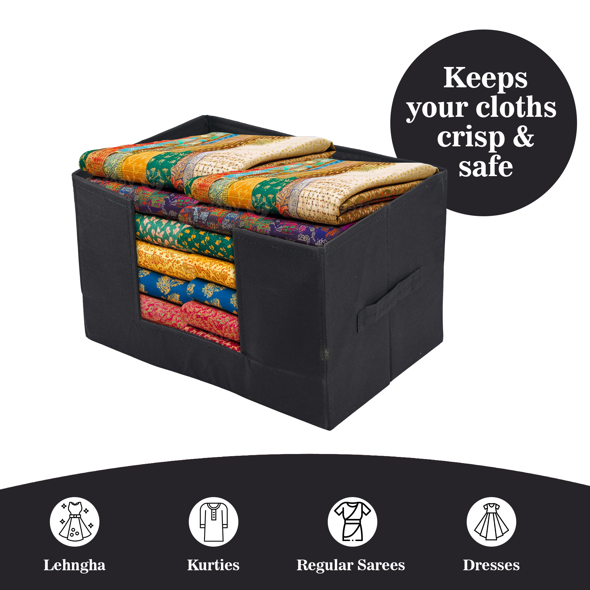 Kuber Industries Cloth Organizer for Storage Wardrobe  Closet Storage Organizer with Handle  Drawer Saree Box Organiser with Handle  Folding Storage Box for Clothes Shirt  Plain  Black