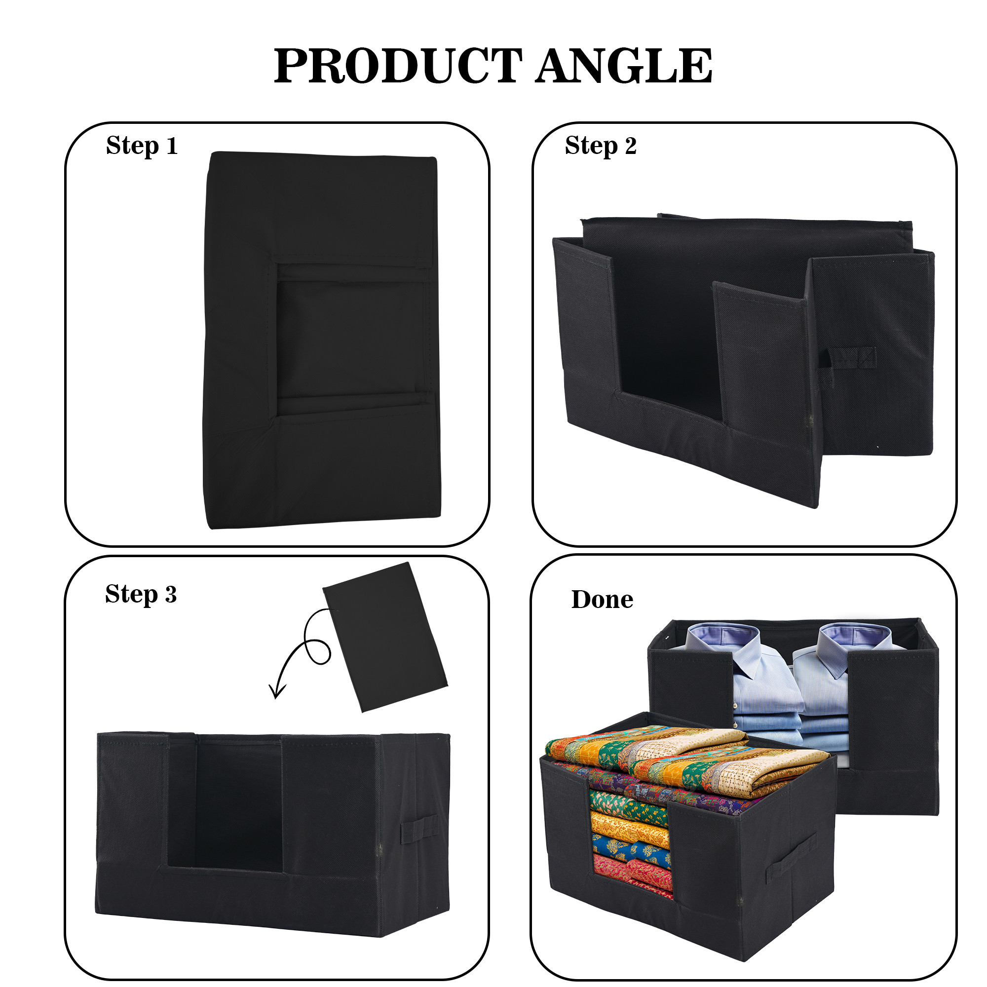 Kuber Industries Cloth Organizer for Storage Wardrobe  Closet Storage Organizer with Handle  Drawer Saree Box Organiser with Handle  Folding Storage Box for Clothes Shirt  Plain  Black