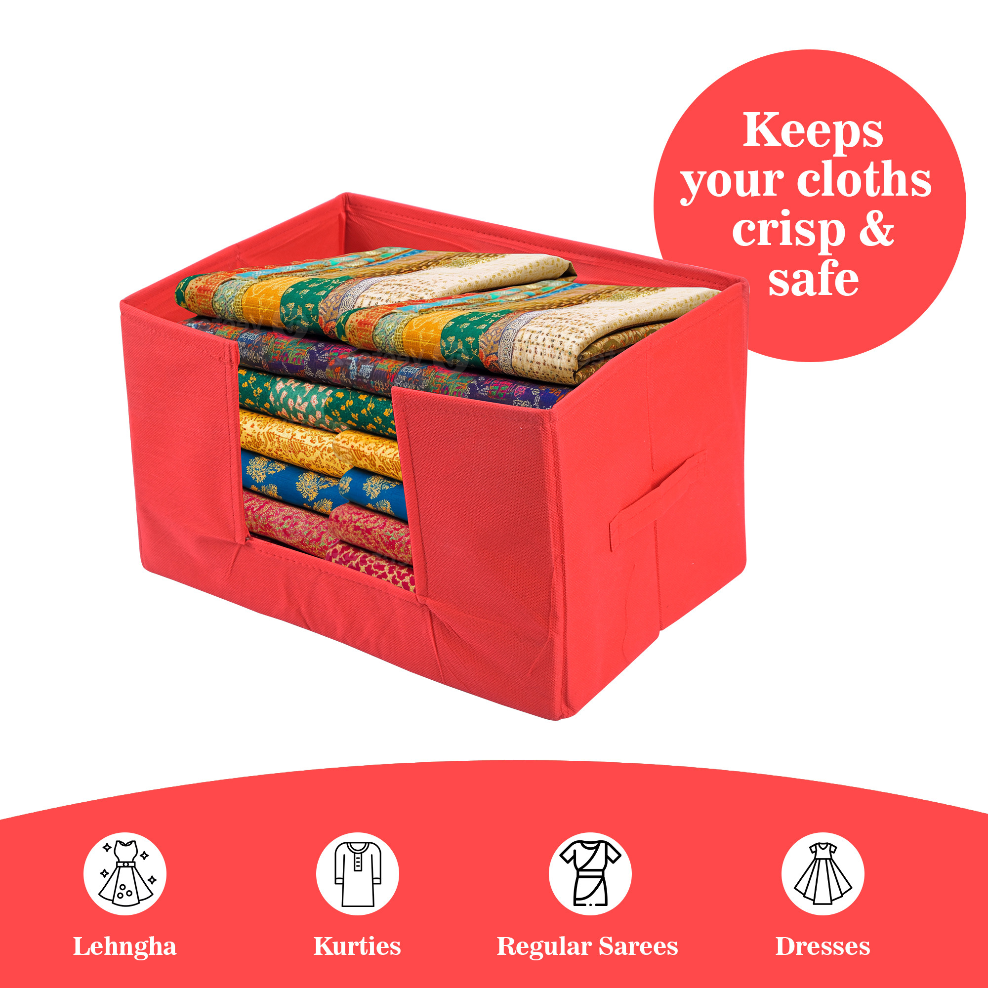 Kuber Industries Cloth Organizer for Storage Wardrobe  Closet Storage Organizer with Handle  Drawer Saree Box Organiser with Handle  Folding Storage Box for Clothes Shirt  Plain  Red