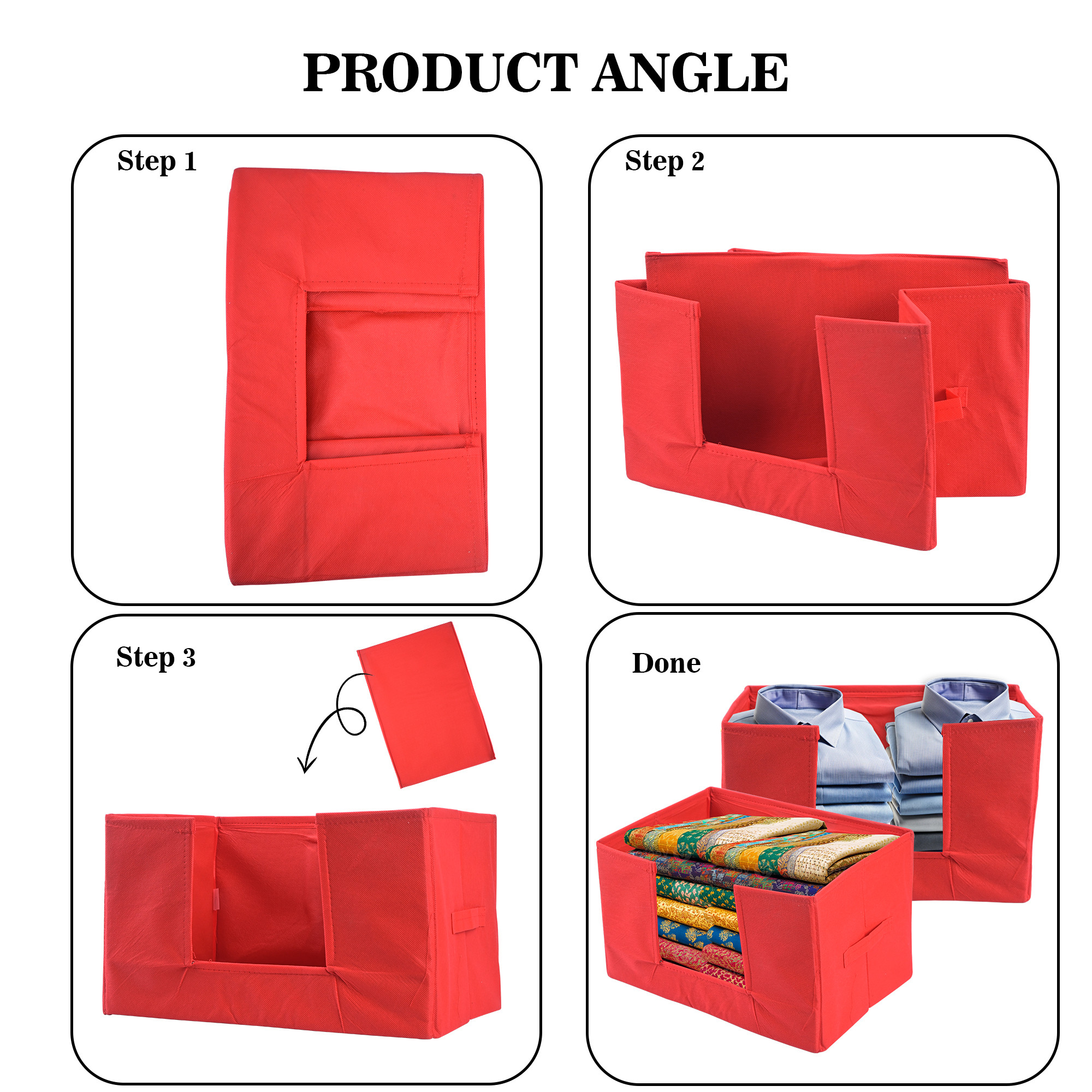 Kuber Industries Cloth Organizer for Storage Wardrobe  Closet Storage Organizer with Handle  Drawer Saree Box Organiser with Handle  Folding Storage Box for Clothes Shirt  Plain  Red