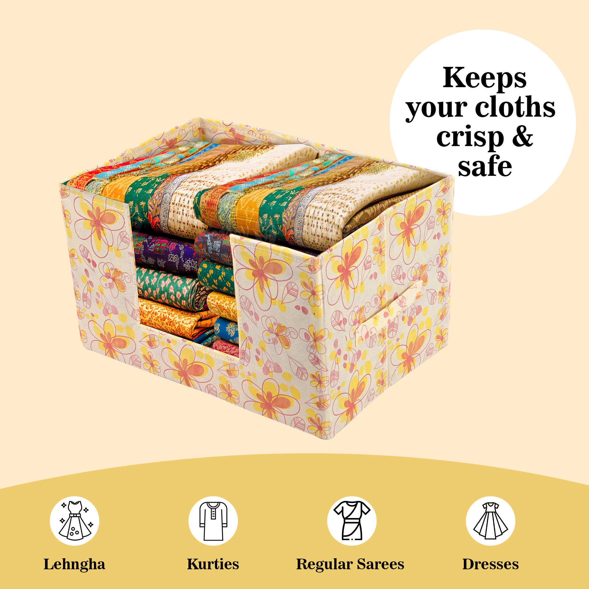 Kuber Industries Cloth Organizer for Storage Wardrobe  Closet Storage Organizer with Handle  Drawer Saree Box Organiser with Handle  Folding Storage Box for Shirt  Red Flower  Cream