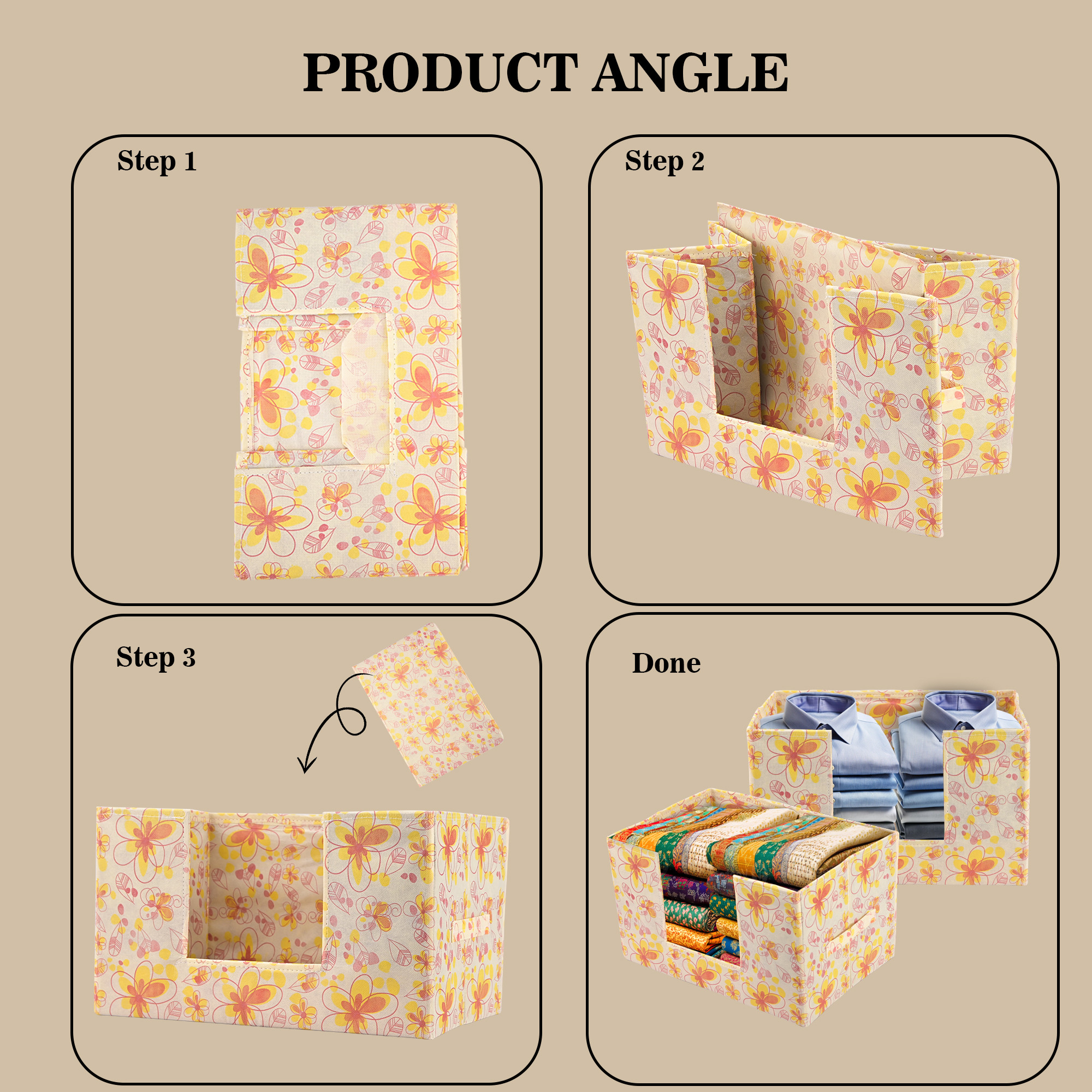 Kuber Industries Cloth Organizer for Storage Wardrobe  Closet Storage Organizer with Handle  Drawer Saree Box Organiser with Handle  Folding Storage Box for Shirt  Red Flower  Cream