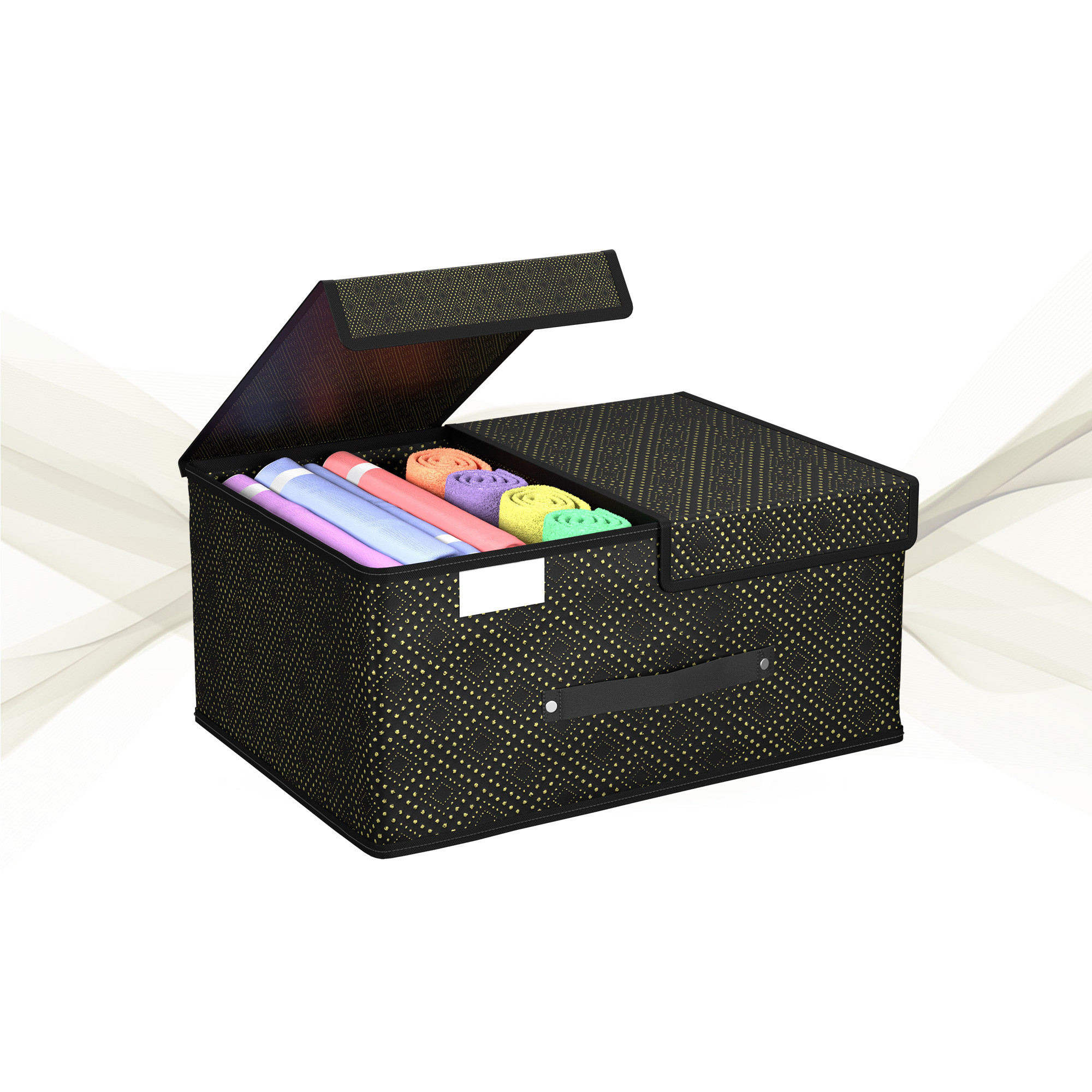 Kuber Industries Cloth Organizer for Wardrobe Small Foldable Storage Box with Double Lid  Drawer Organiser  Golden Dot  Black