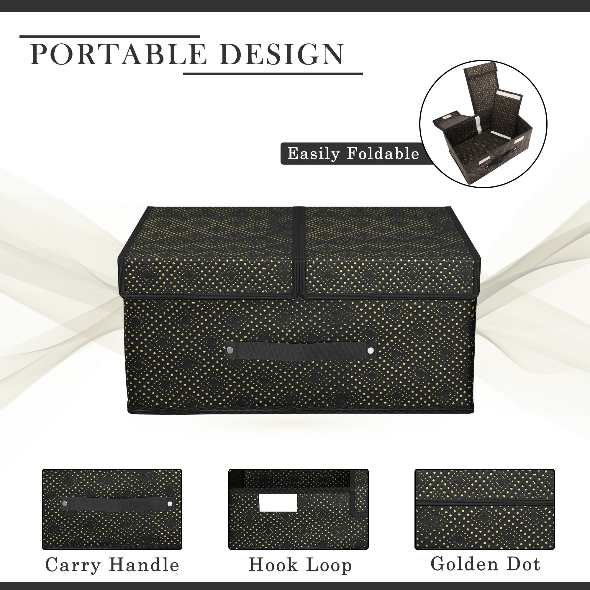 Kuber Industries Cloth Organizer for Wardrobe Small Foldable Storage Box with Double Lid  Drawer Organiser  Golden Dot  Black