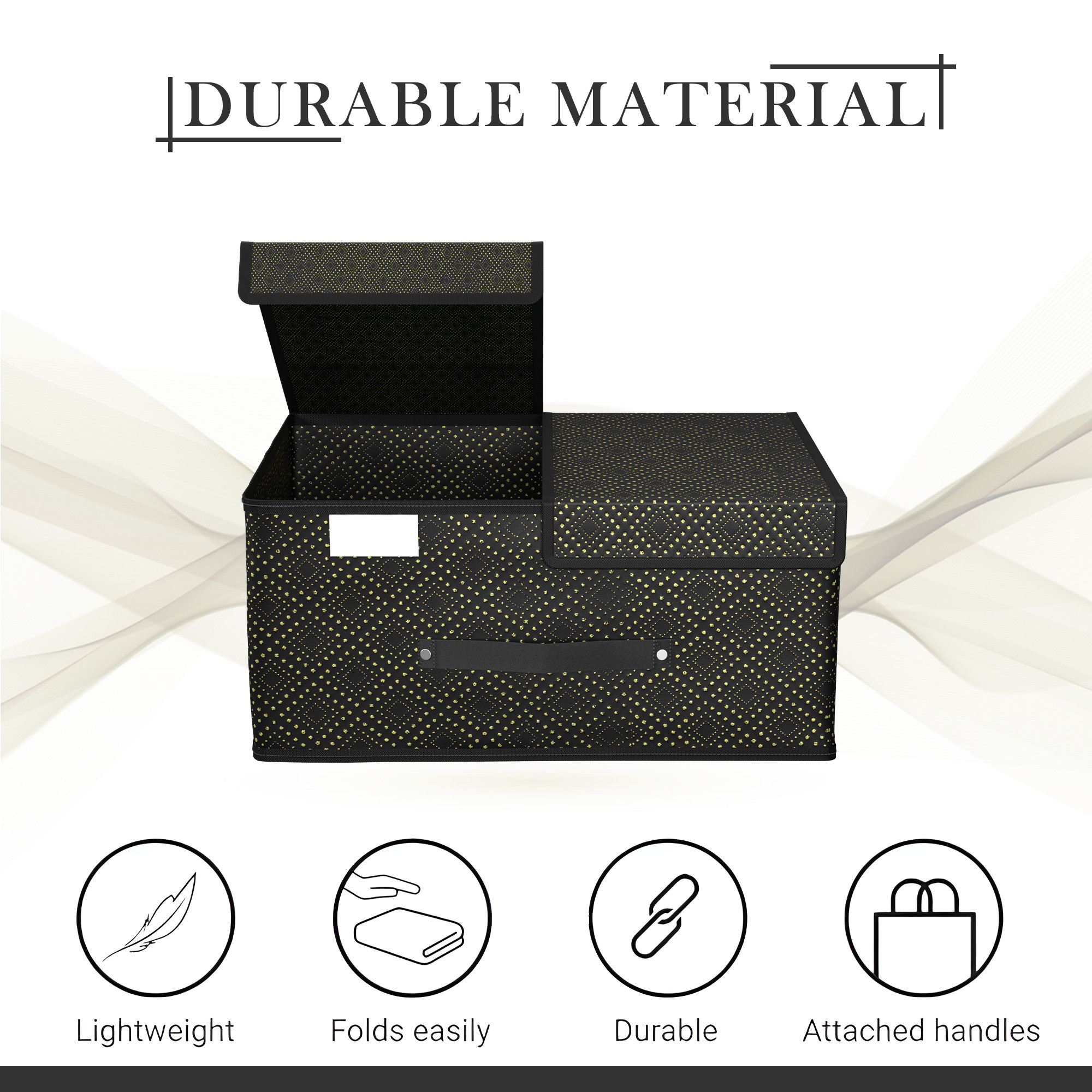 Kuber Industries Cloth Organizer for Wardrobe Small Foldable Storage Box with Double Lid  Drawer Organiser  Golden Dot  Black