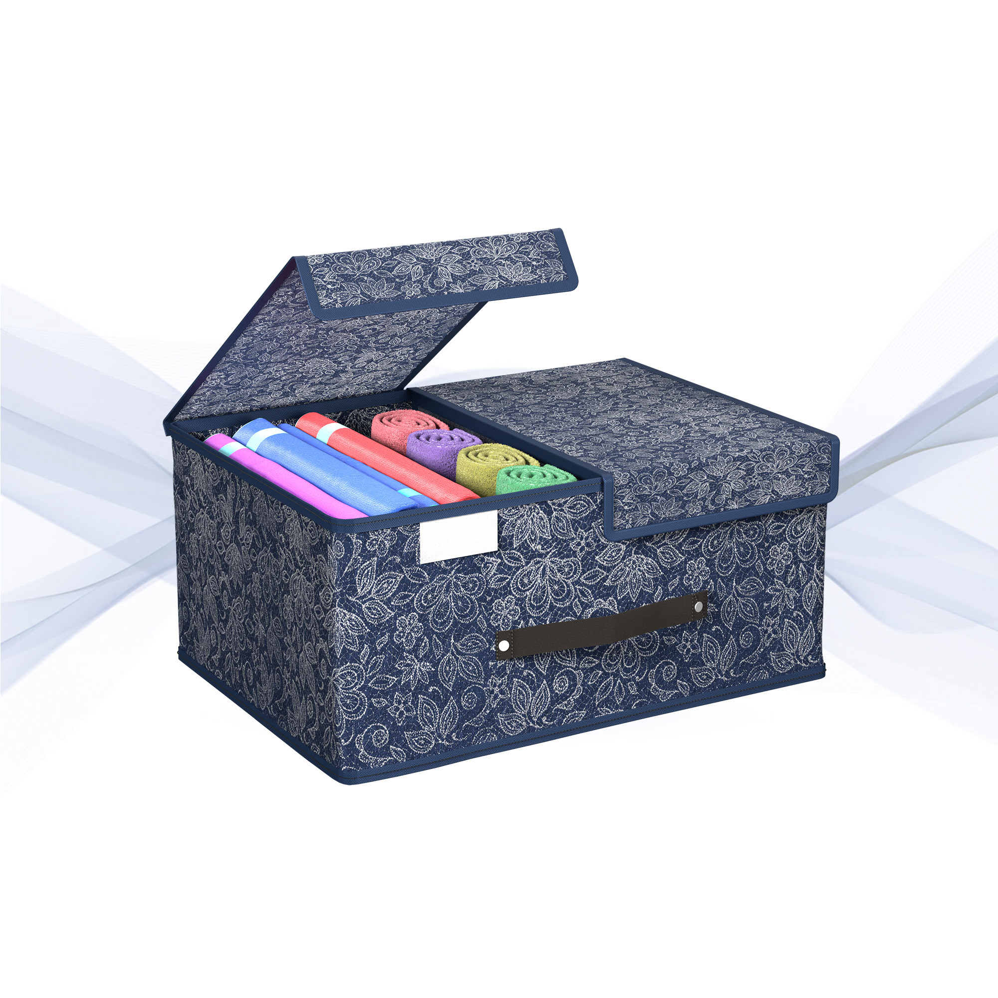 Kuber Industries Cloth Organizer for Wardrobe Small Foldable Storage Box with Double Lid  Drawer Organiser  Flower  Navy Blue