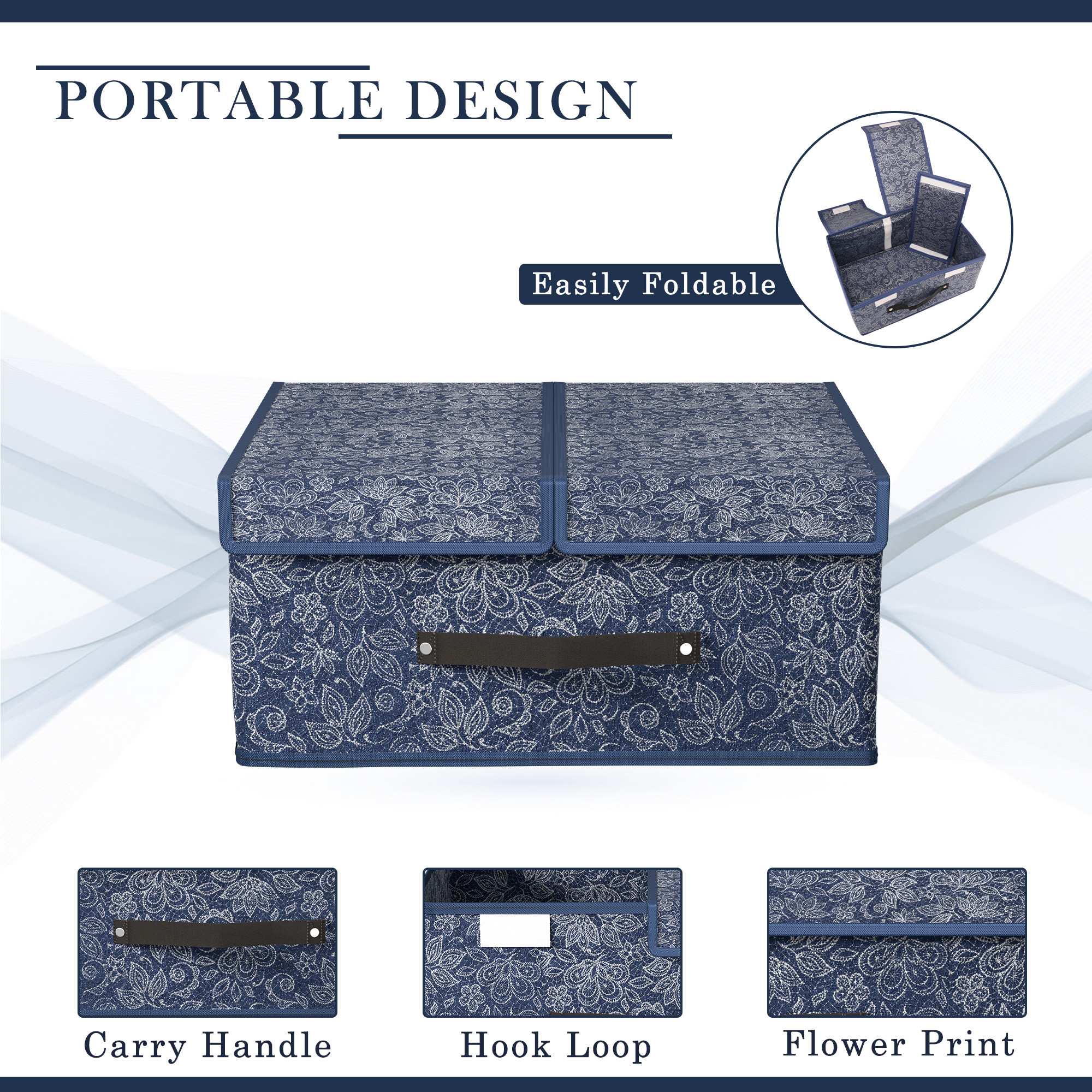 Kuber Industries Cloth Organizer for Wardrobe Small Foldable Storage Box with Double Lid  Drawer Organiser  Flower  Navy Blue