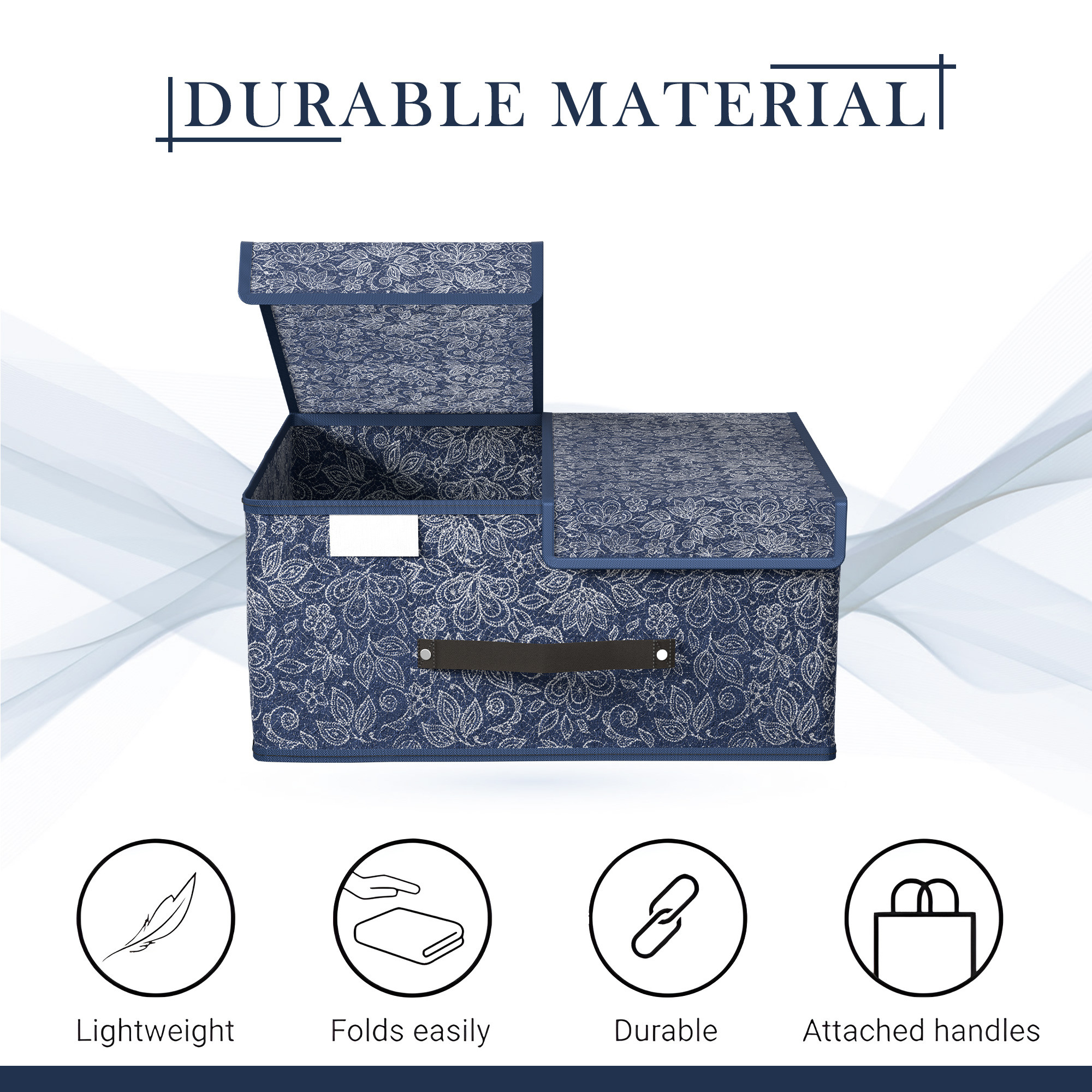 Kuber Industries Cloth Organizer for Wardrobe Small Foldable Storage Box with Double Lid  Drawer Organiser  Flower  Navy Blue