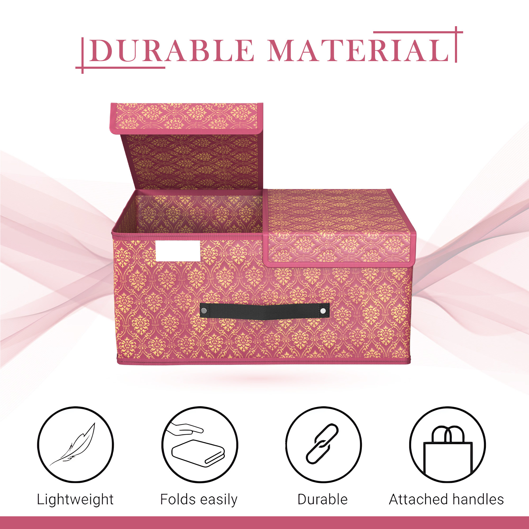 Kuber Industries Cloth Organizer for Wardrobe Small Foldable Storage Box with Double Lid  Drawer Organiser  Golden-Print  Maroon
