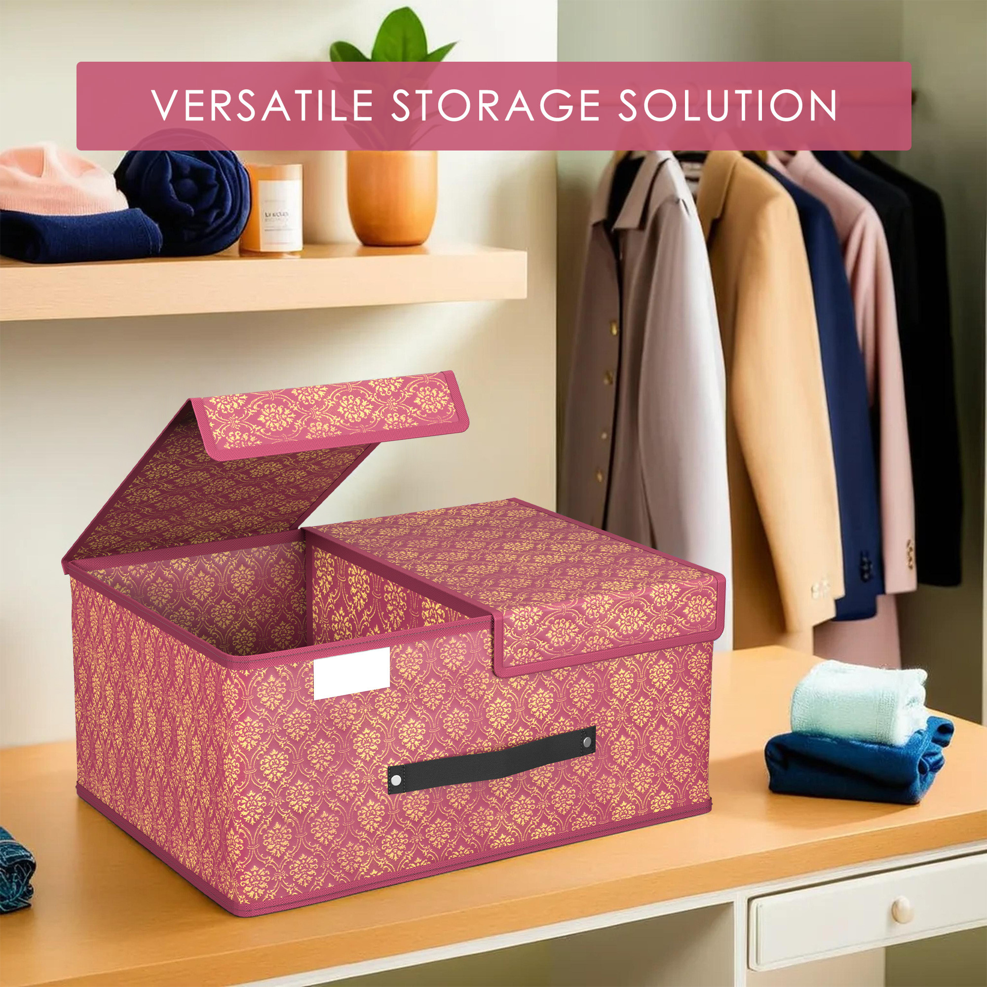 Kuber Industries Cloth Organizer for Wardrobe Small Foldable Storage Box with Double Lid  Drawer Organiser  Golden-Print  Maroon