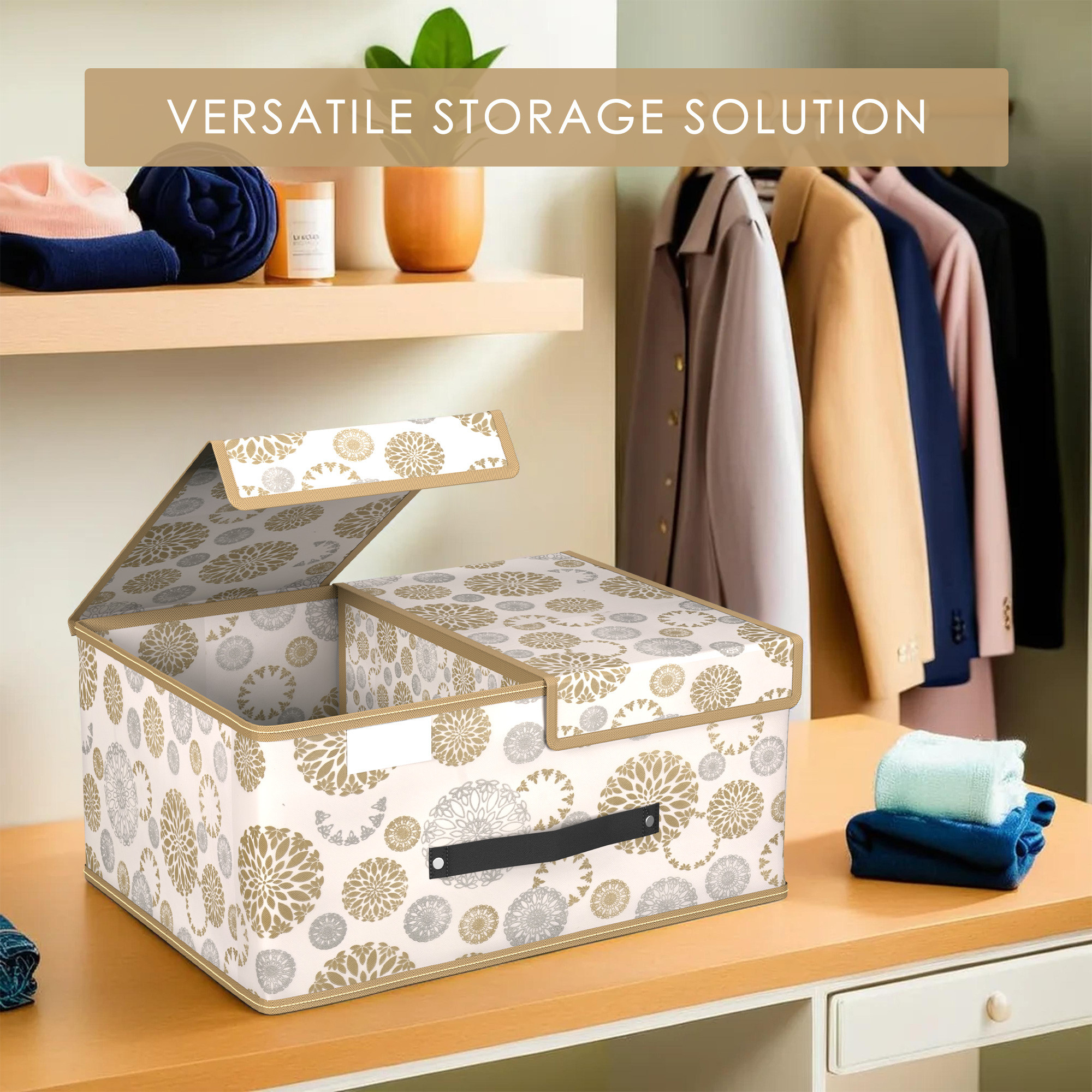 Kuber Industries Cloth Organizer for Wardrobe Small Foldable Storage Box with Double Lid  Drawer Organiser  Gola Print  White