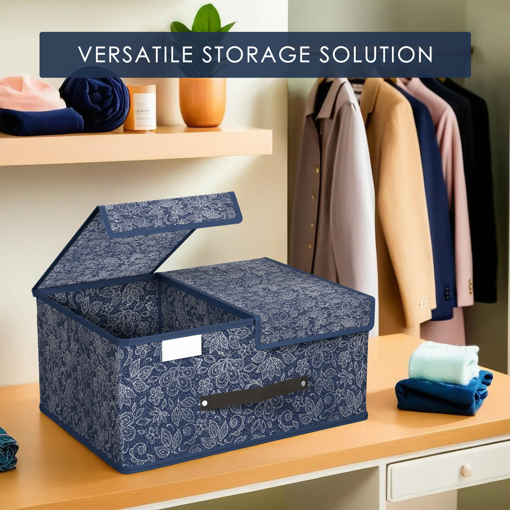 Kuber Industries Cloth Organizer for Wardrobe Small Foldable Storage Box with Double Lid  Drawer Organiser  Flower  Navy Blue