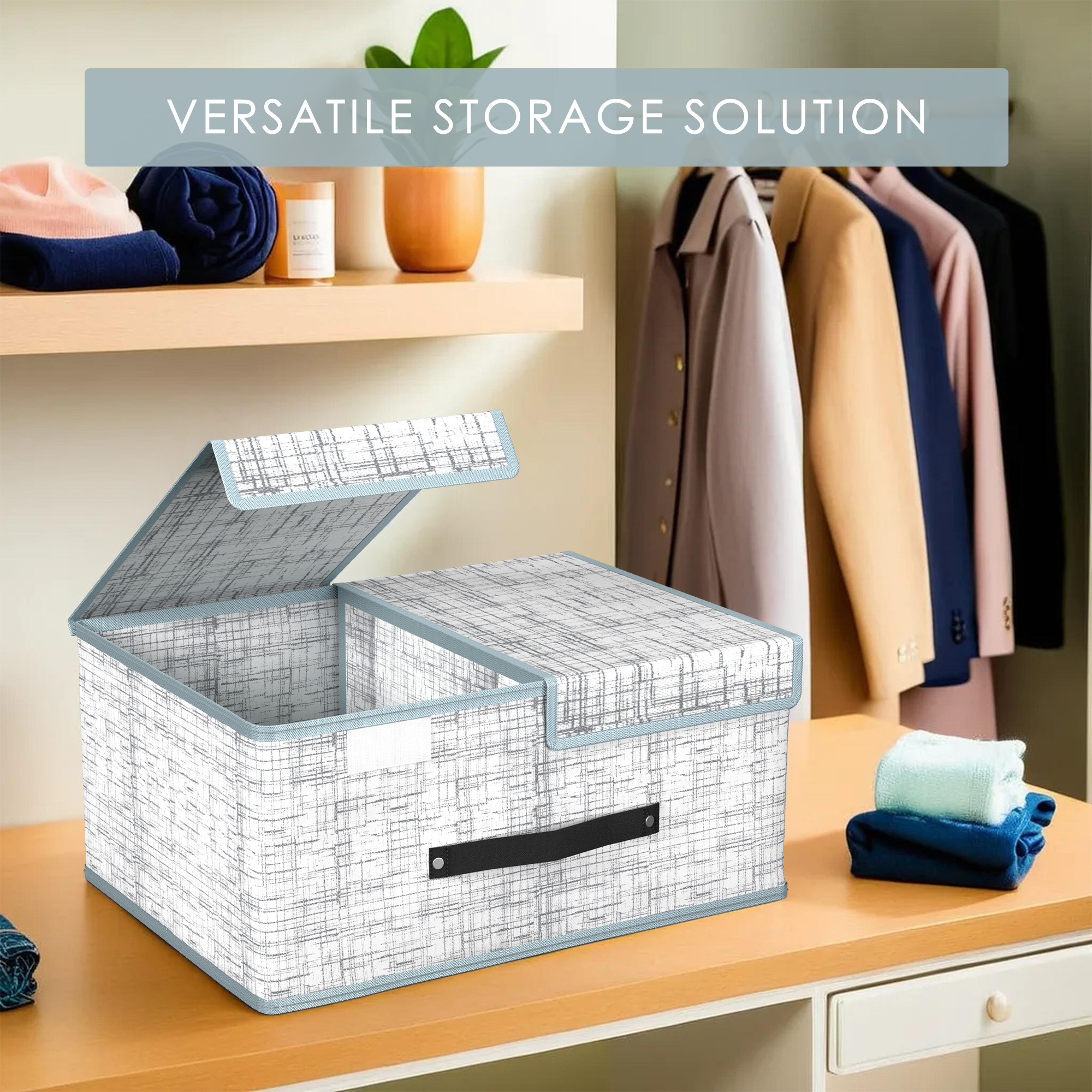 Kuber Industries Cloth Organizer for Wardrobe Small Foldable Storage Box with Double Lid  Drawer Organiser  Jute Print  Grey
