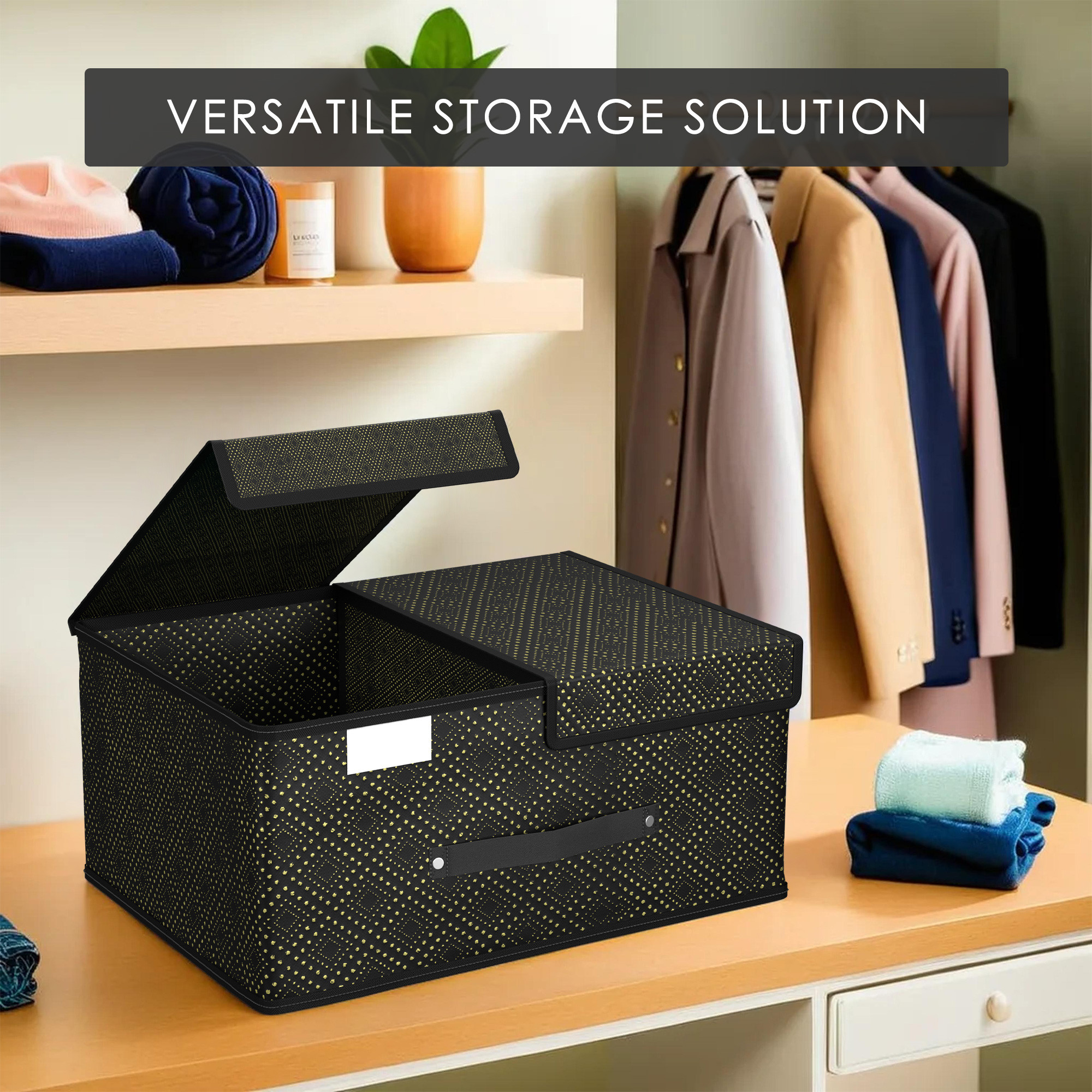 Kuber Industries Cloth Organizer for Wardrobe Small Foldable Storage Box with Double Lid  Drawer Organiser  Golden Dot  Black