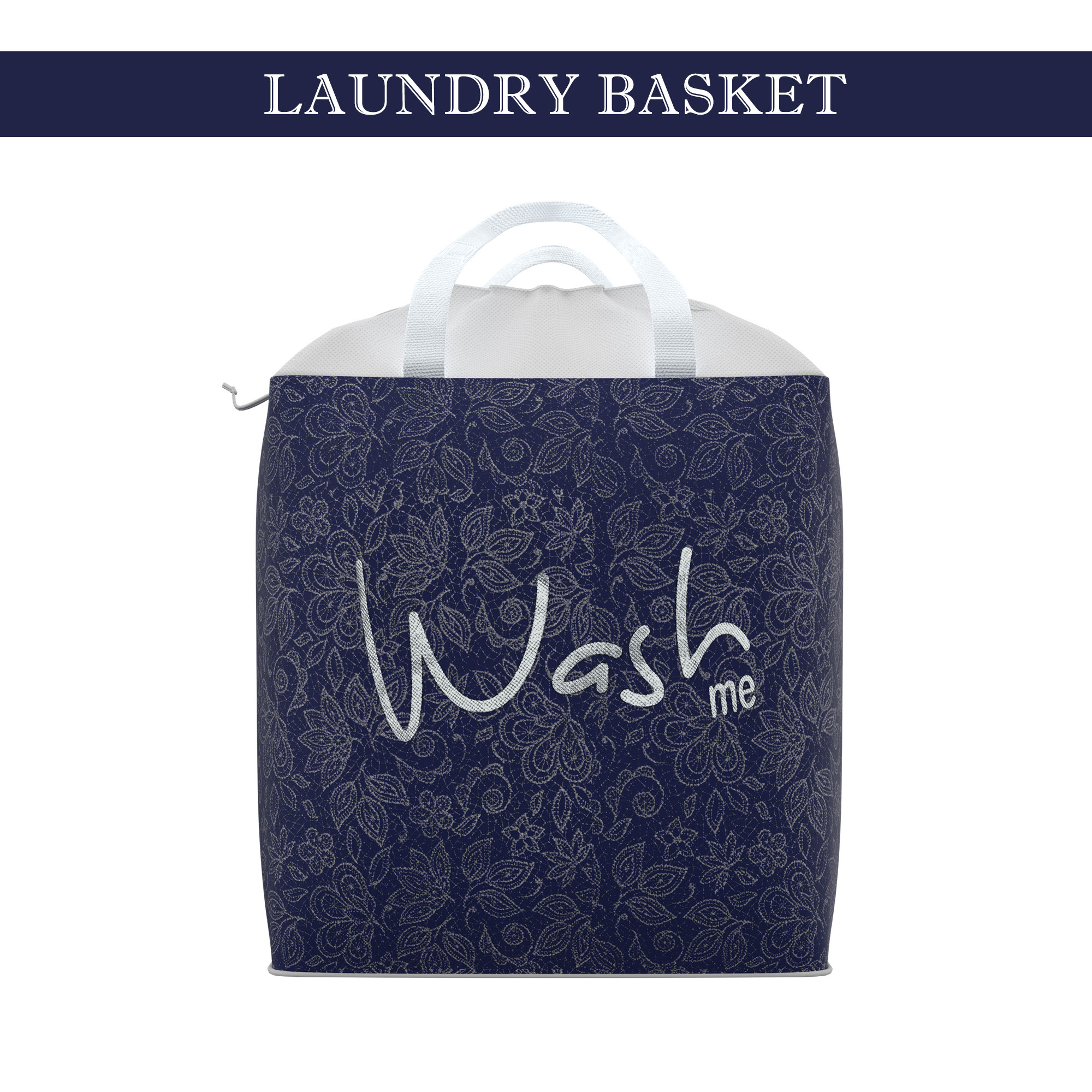 Kuber Industries Clothes Basket  106 LTR  Waterproof Toy Basket  Flower  Square Dori Laundry Bag  Cloth Storage Bin  Foldable Washing Box  Hamper with Handles  Navy Blue