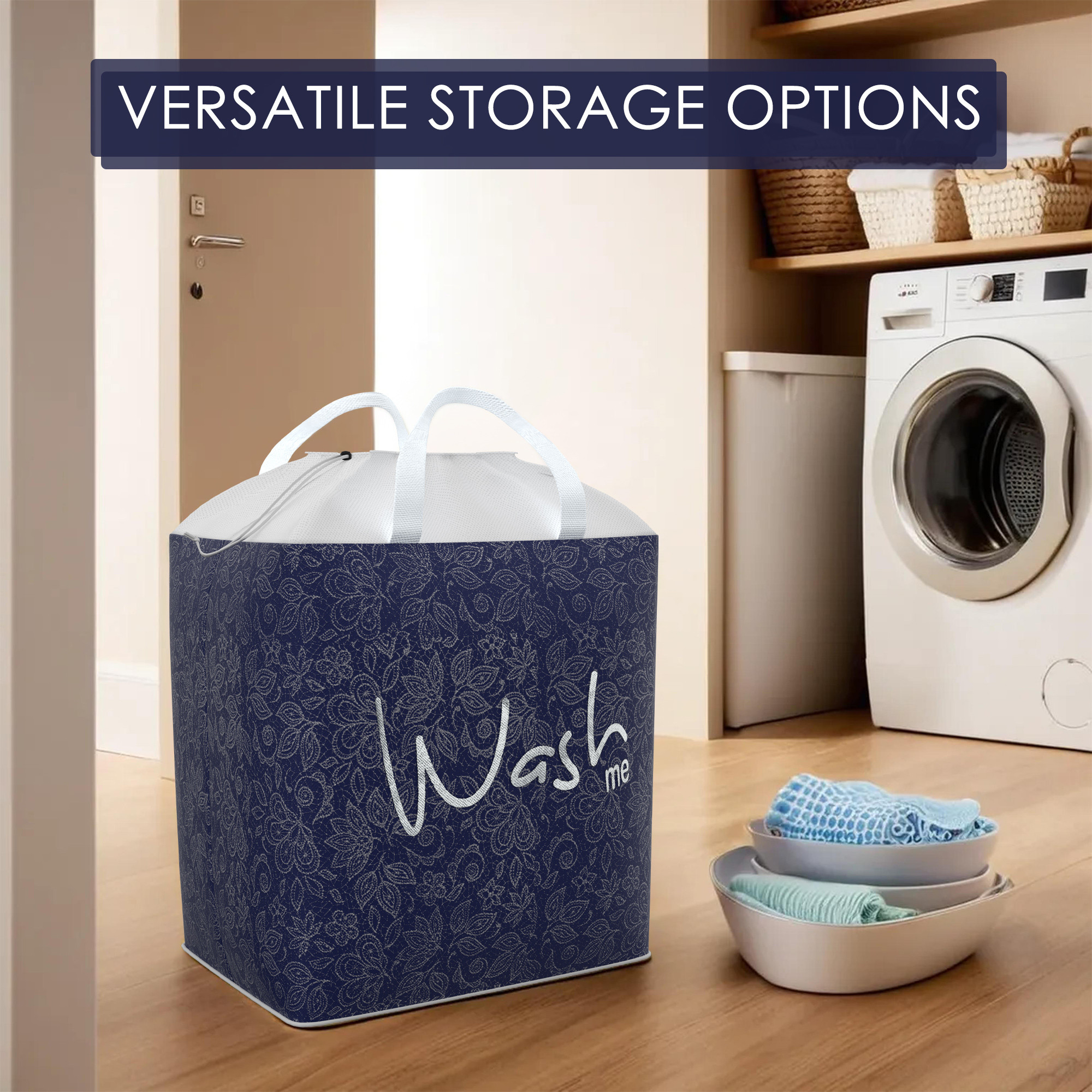 Kuber Industries Clothes Basket  106 LTR  Waterproof Toy Basket  Flower  Square Dori Laundry Bag  Cloth Storage Bin  Foldable Washing Box  Hamper with Handles  Navy Blue