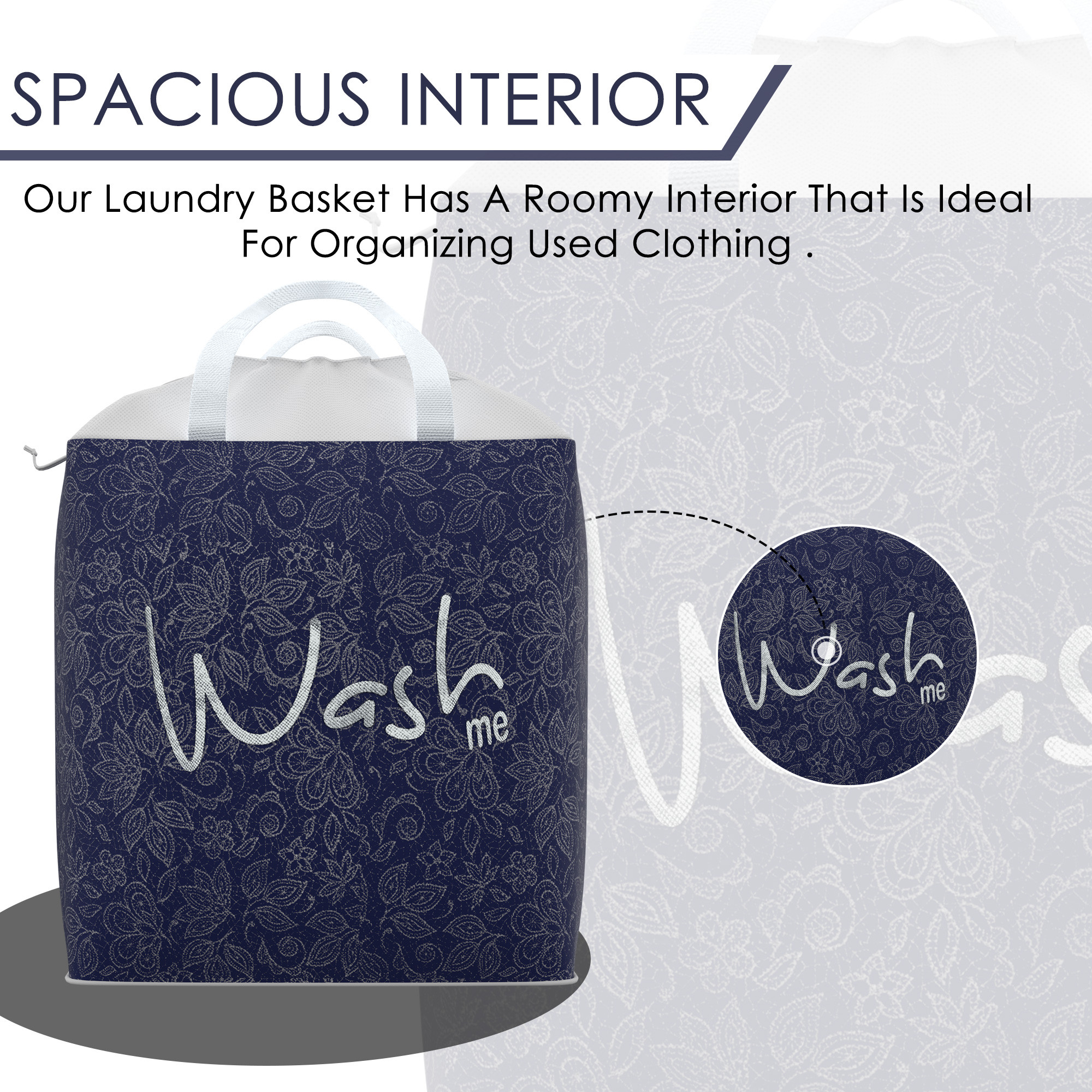 Kuber Industries Clothes Basket  106 LTR  Waterproof Toy Basket  Flower  Square Dori Laundry Bag  Cloth Storage Bin  Foldable Washing Box  Hamper with Handles  Navy Blue