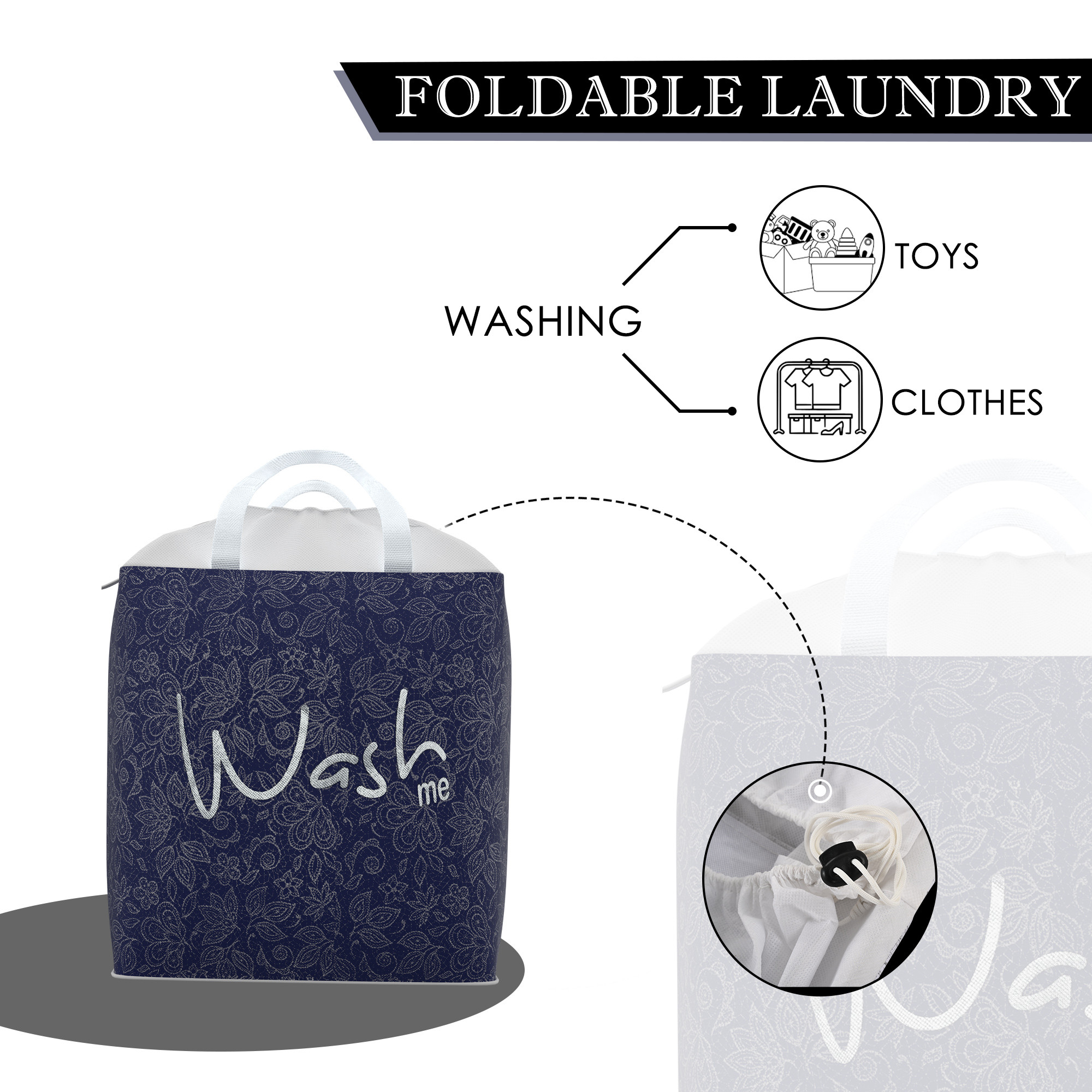 Kuber Industries Clothes Basket  106 LTR  Waterproof Toy Basket  Flower  Square Dori Laundry Bag  Cloth Storage Bin  Foldable Washing Box  Hamper with Handles  Navy Blue
