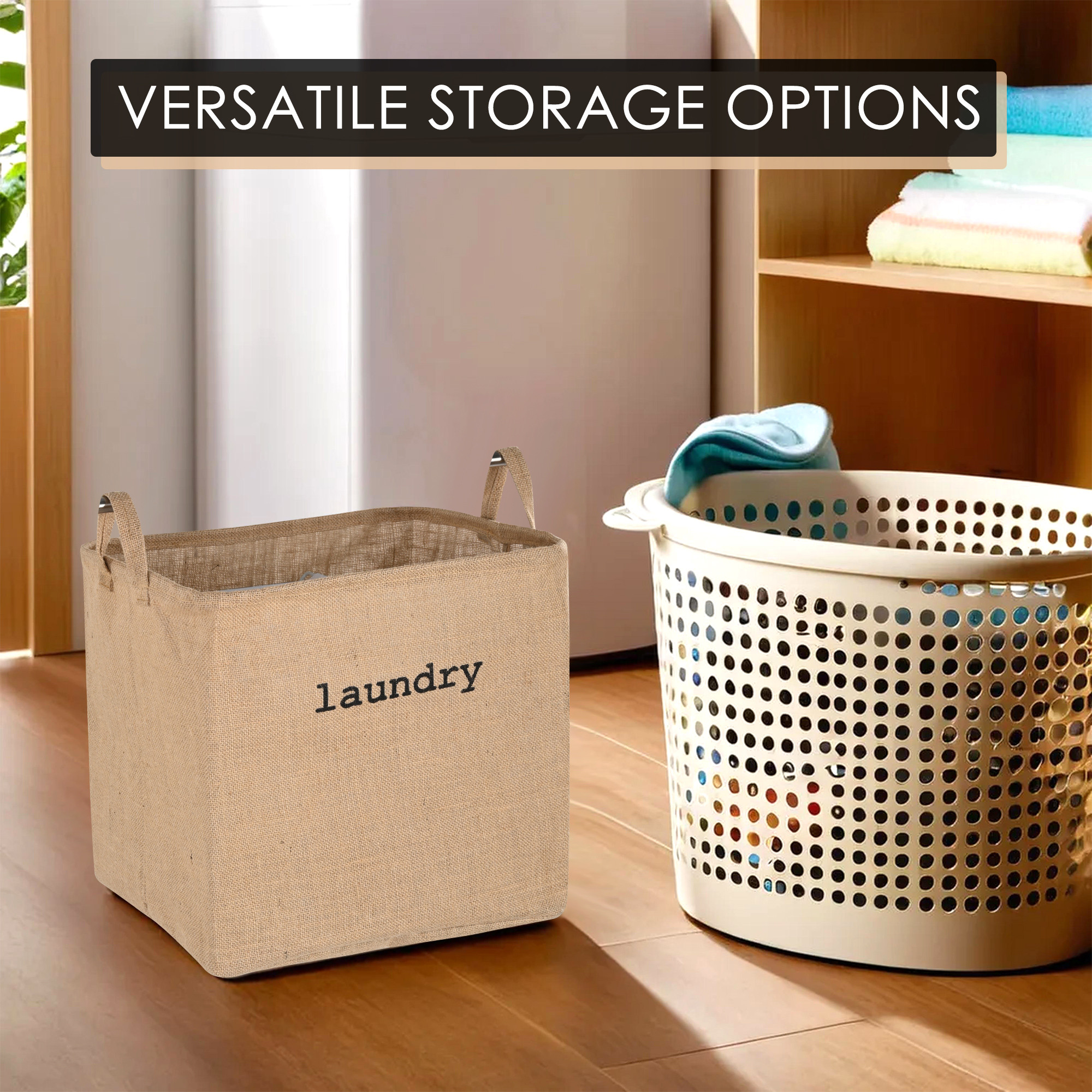 Kuber Industries Clothes Basket  55 LTR  Toy Basket  Washing Cloth Basket  Jute Fabric  Dirty Clothes Bag  Square Foldable Laundry Bag  Small  Storage Hamper with Handles  Brown