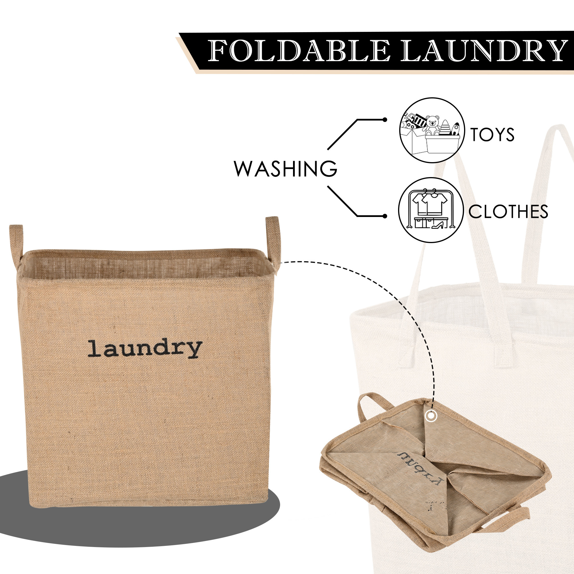 Kuber Industries Clothes Basket  55 LTR  Toy Basket  Washing Cloth Basket  Jute Fabric  Dirty Clothes Bag  Square Foldable Laundry Bag  Small  Storage Hamper with Handles  Brown