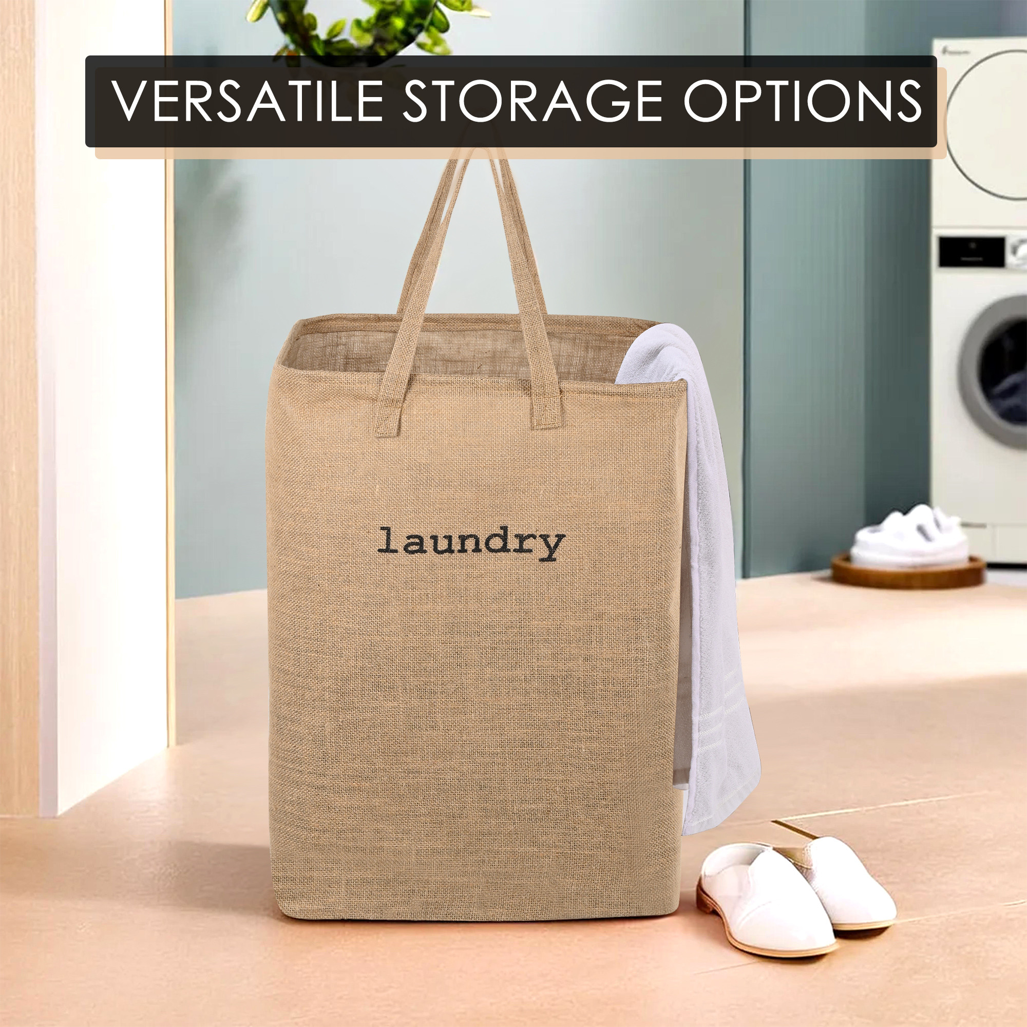 Kuber Industries Clothes Basket  75 LTR  Toy Basket Jute Fabric Dirty Clothes Bag  Washing Cloth Basket  Square Foldable Laundry Bag  Large  Storage Hamper with Handles  Brown