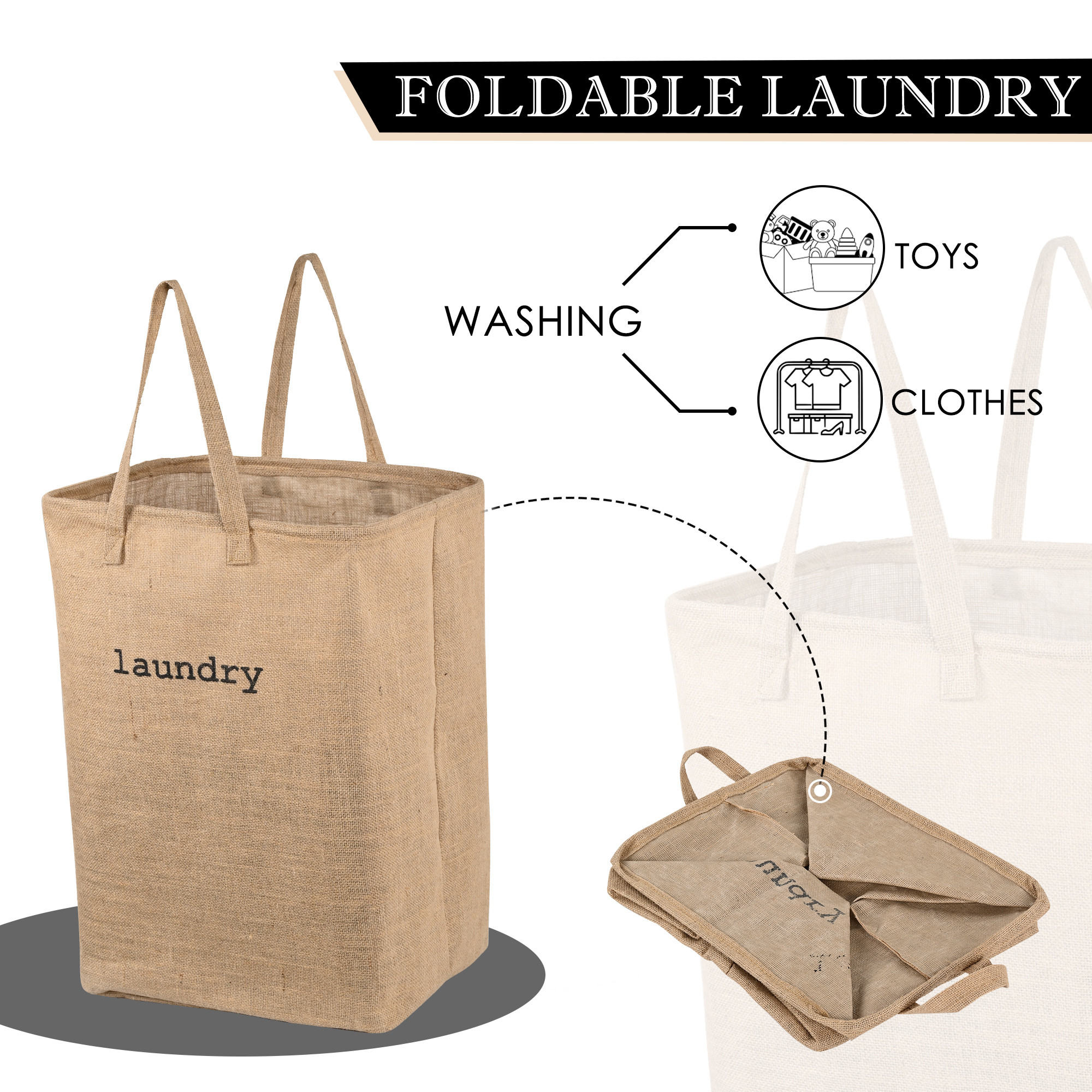 Kuber Industries Clothes Basket  75 LTR  Toy Basket Jute Fabric Dirty Clothes Bag  Washing Cloth Basket  Square Foldable Laundry Bag  Large  Storage Hamper with Handles  Brown