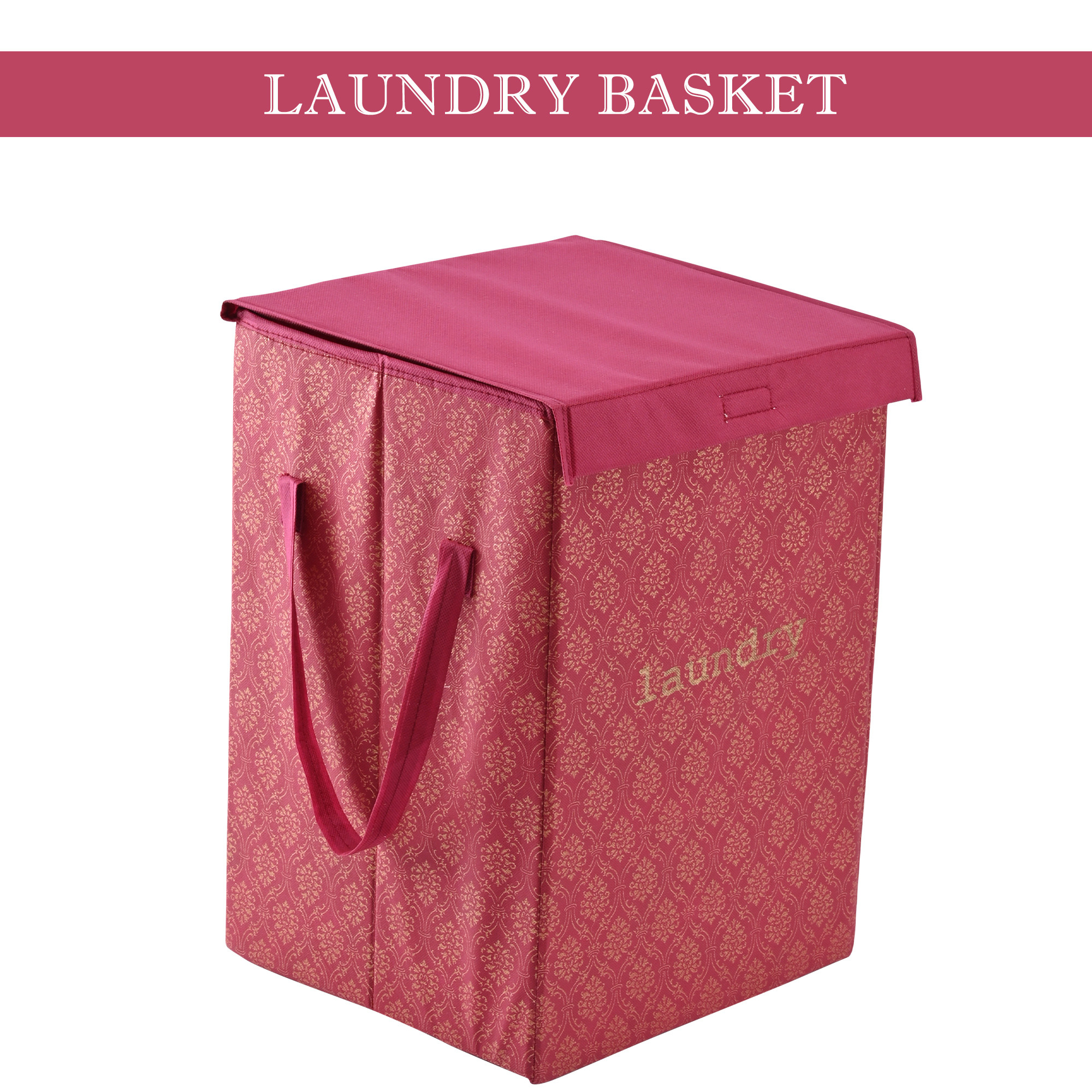 Kuber Industries Clothes Basket  75 LTR  Toy Storage Box  Foldable Laundry Bag  Clothes Dress Bin  Washing Cloth Basket  Lid  Handles  Golden Print  Dhakkan Box  Maroon