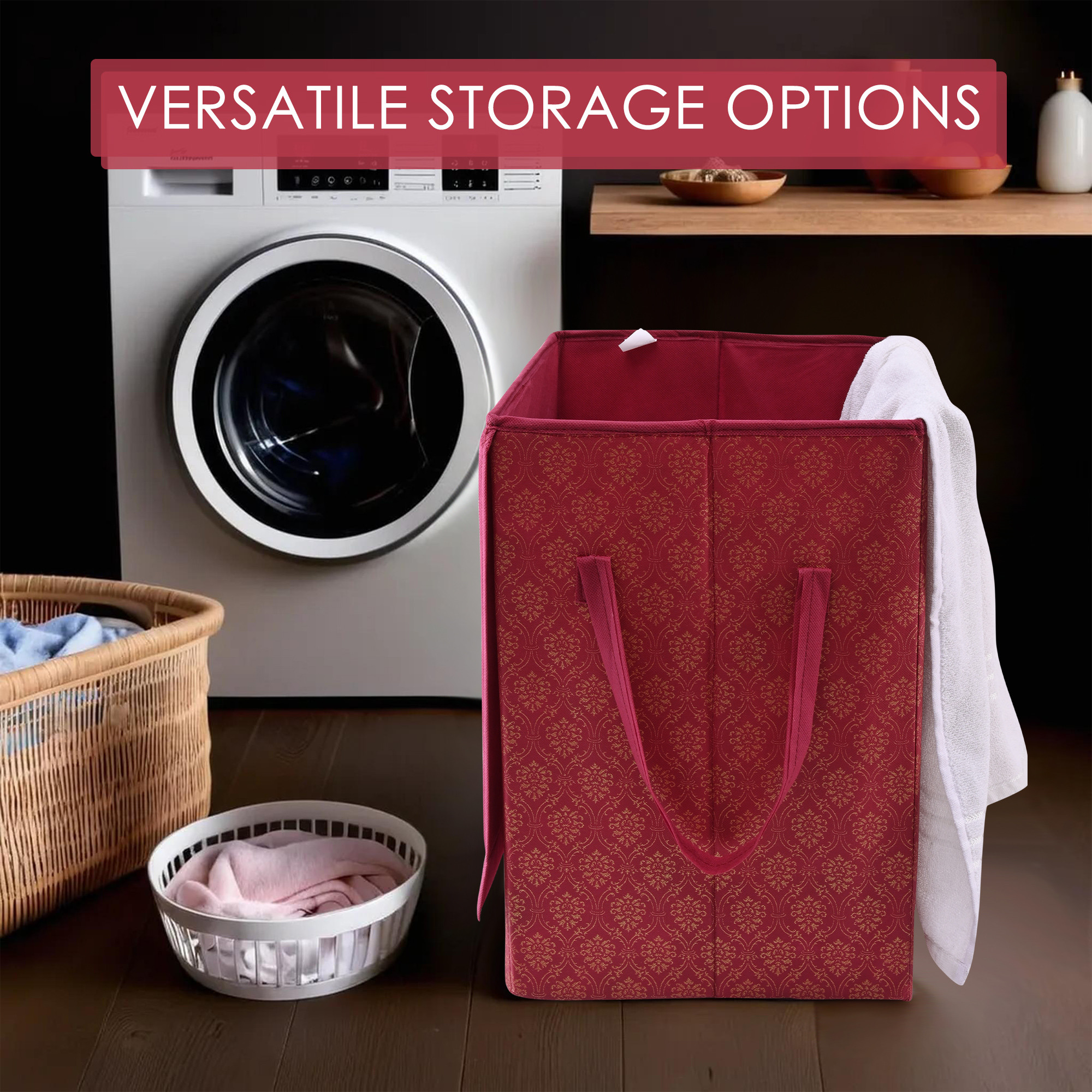 Kuber Industries Clothes Basket  75 LTR  Toy Storage Box  Foldable Laundry Bag  Clothes Dress Bin  Washing Cloth Basket  Lid  Handles  Golden Print  Dhakkan Box  Maroon
