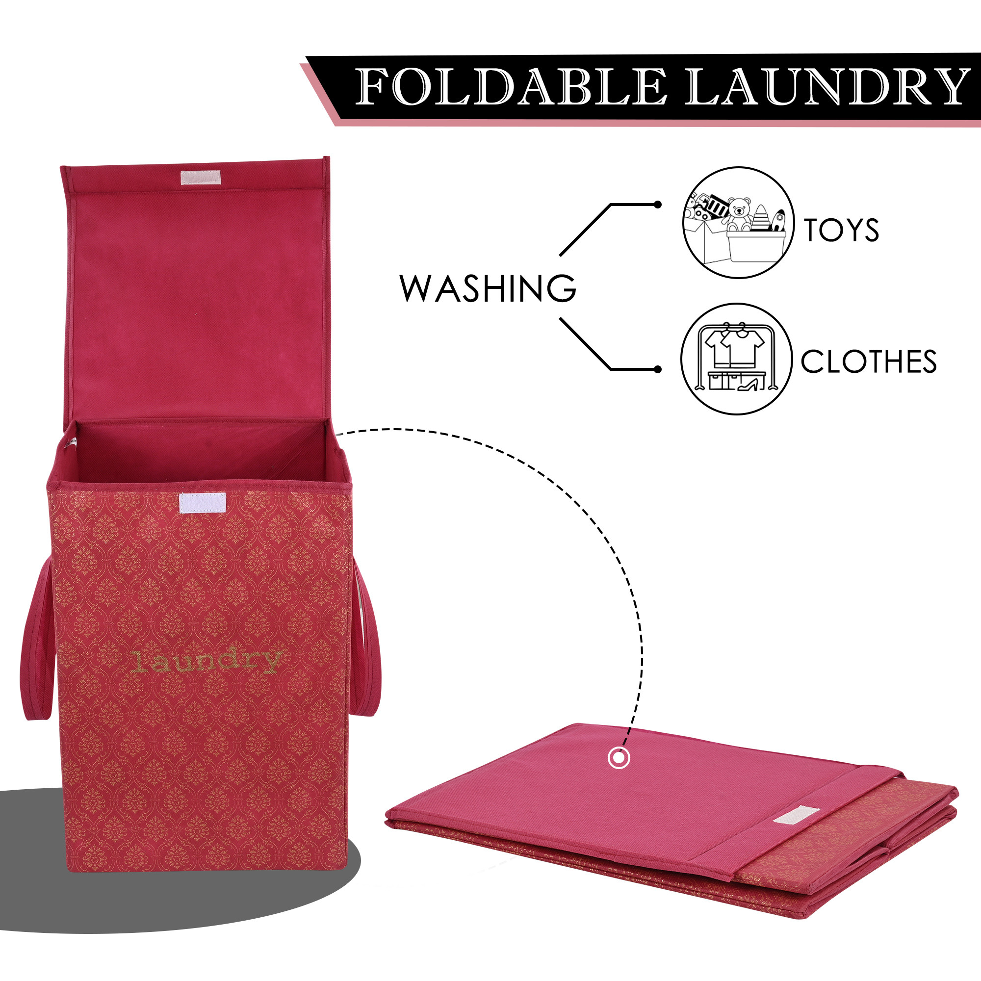 Kuber Industries Clothes Basket  75 LTR  Toy Storage Box  Foldable Laundry Bag  Clothes Dress Bin  Washing Cloth Basket  Lid  Handles  Golden Print  Dhakkan Box  Maroon