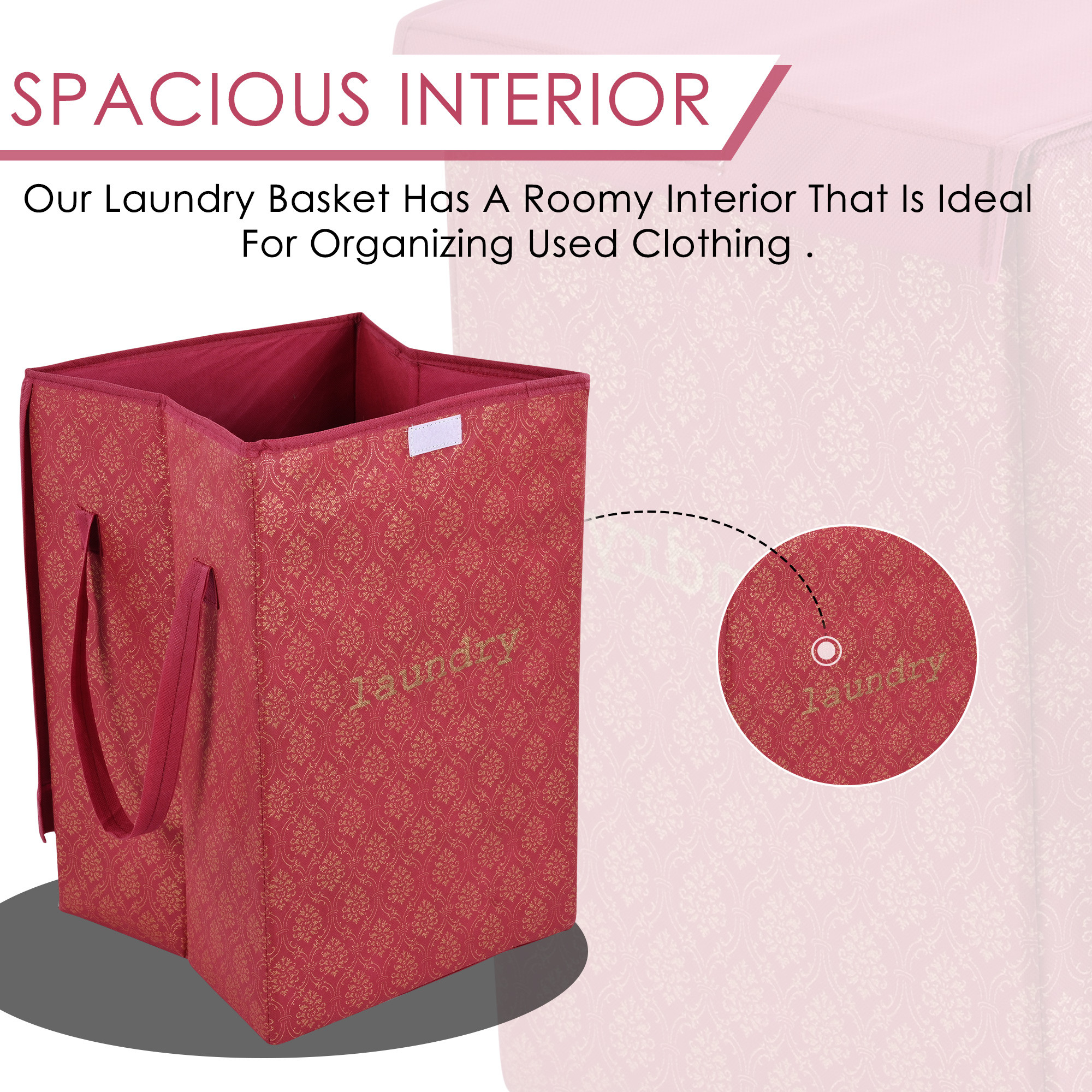 Kuber Industries Clothes Basket  75 LTR  Toy Storage Box  Foldable Laundry Bag  Clothes Dress Bin  Washing Cloth Basket  Lid  Handles  Golden Print  Dhakkan Box  Maroon