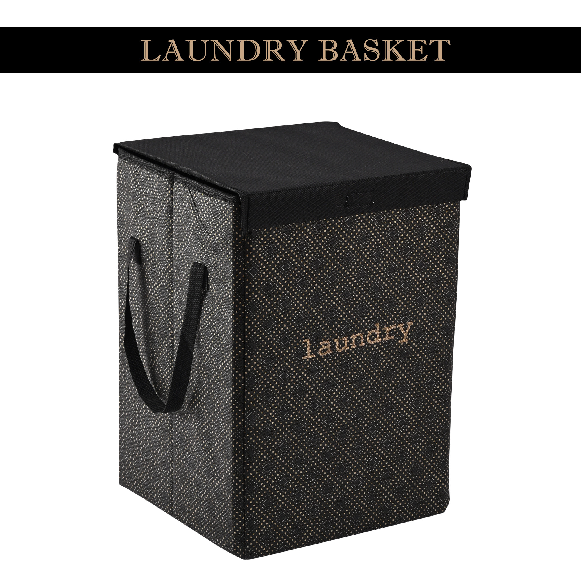 Kuber Industries Clothes Basket  75 LTR  Toy Storage Box  Foldable Laundry Bag  Lid  Handles  Clothes Dress Bin  Washing Cloth Basket  Golden Dot  Dhakkan Box  Black