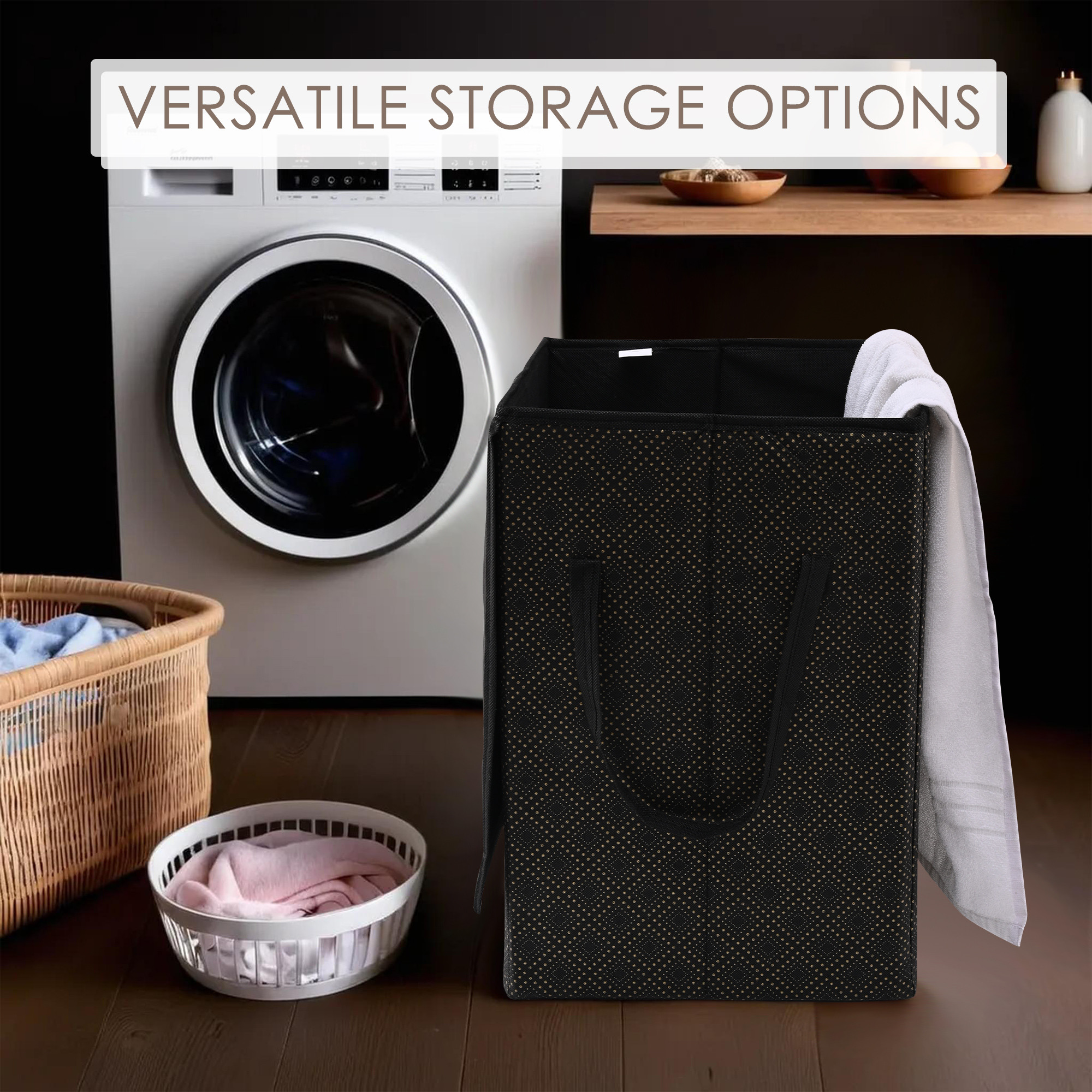 Kuber Industries Clothes Basket  75 LTR  Toy Storage Box  Foldable Laundry Bag  Lid  Handles  Clothes Dress Bin  Washing Cloth Basket  Golden Dot  Dhakkan Box  Black