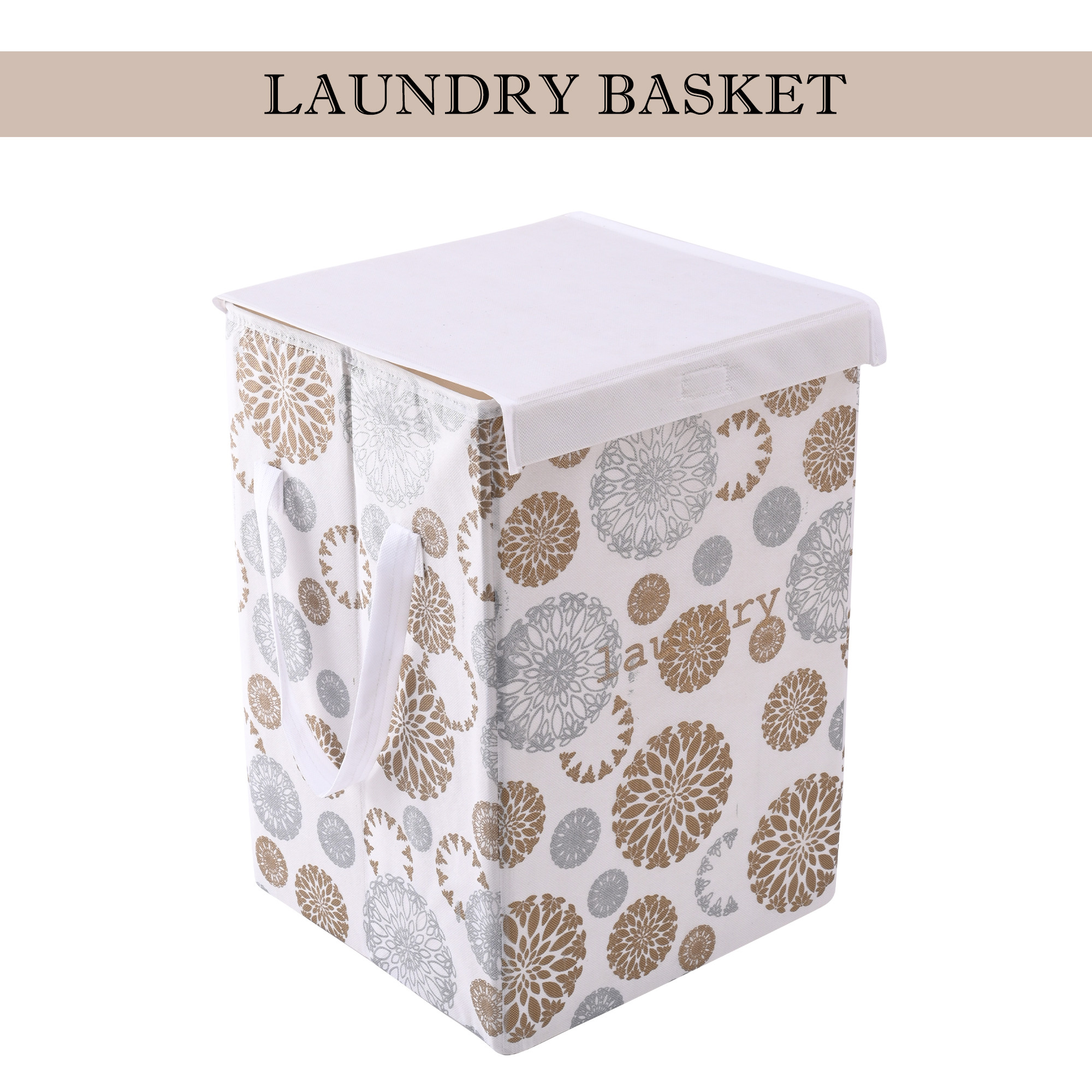 Kuber Industries Clothes Basket  75 LTR  Toy Storage Box  Foldable Laundry Bag  Lid  Handles  Gola Print  Dress Bin for Clothes  Washing Cloth Basket  Dhakkan Box  White