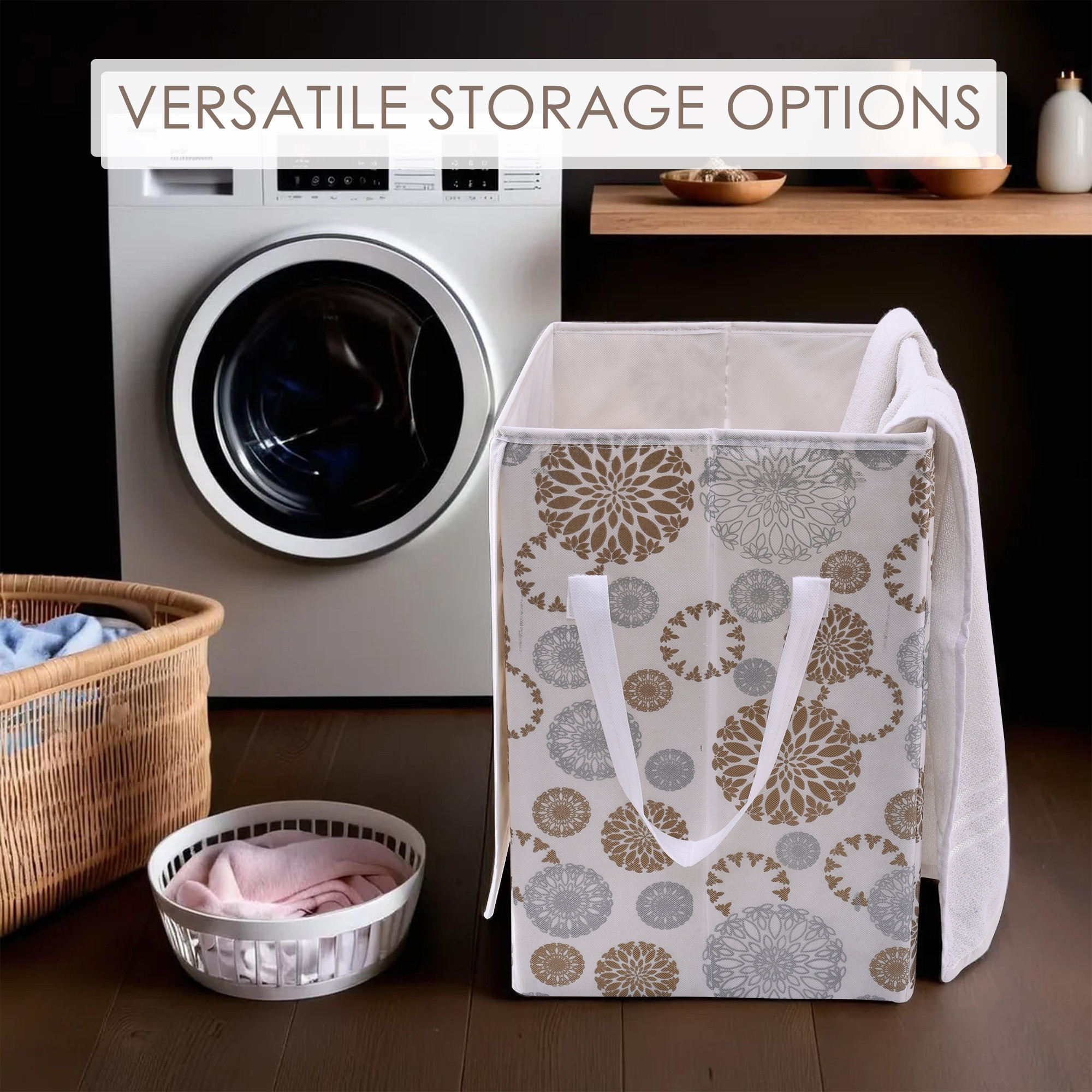 Kuber Industries Clothes Basket  75 LTR  Toy Storage Box  Foldable Laundry Bag  Lid  Handles  Gola Print  Dress Bin for Clothes  Washing Cloth Basket  Dhakkan Box  White