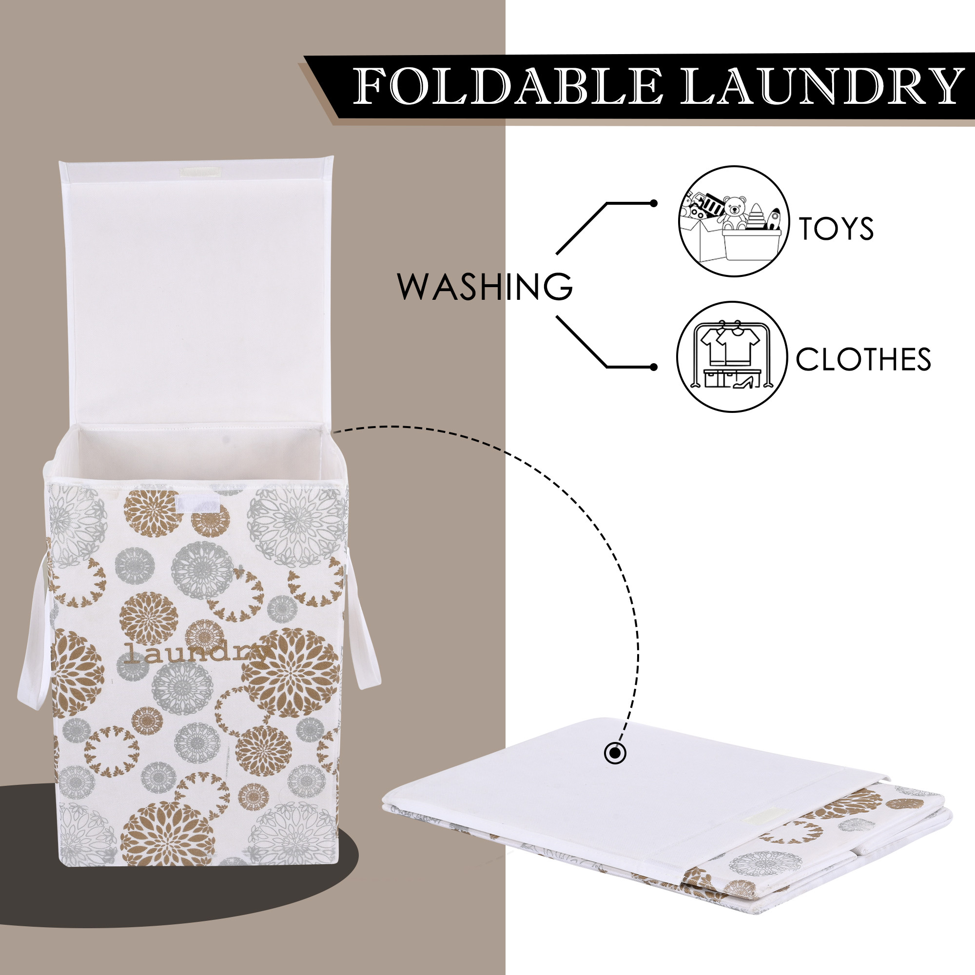 Kuber Industries Clothes Basket  75 LTR  Toy Storage Box  Foldable Laundry Bag  Lid  Handles  Gola Print  Dress Bin for Clothes  Washing Cloth Basket  Dhakkan Box  White