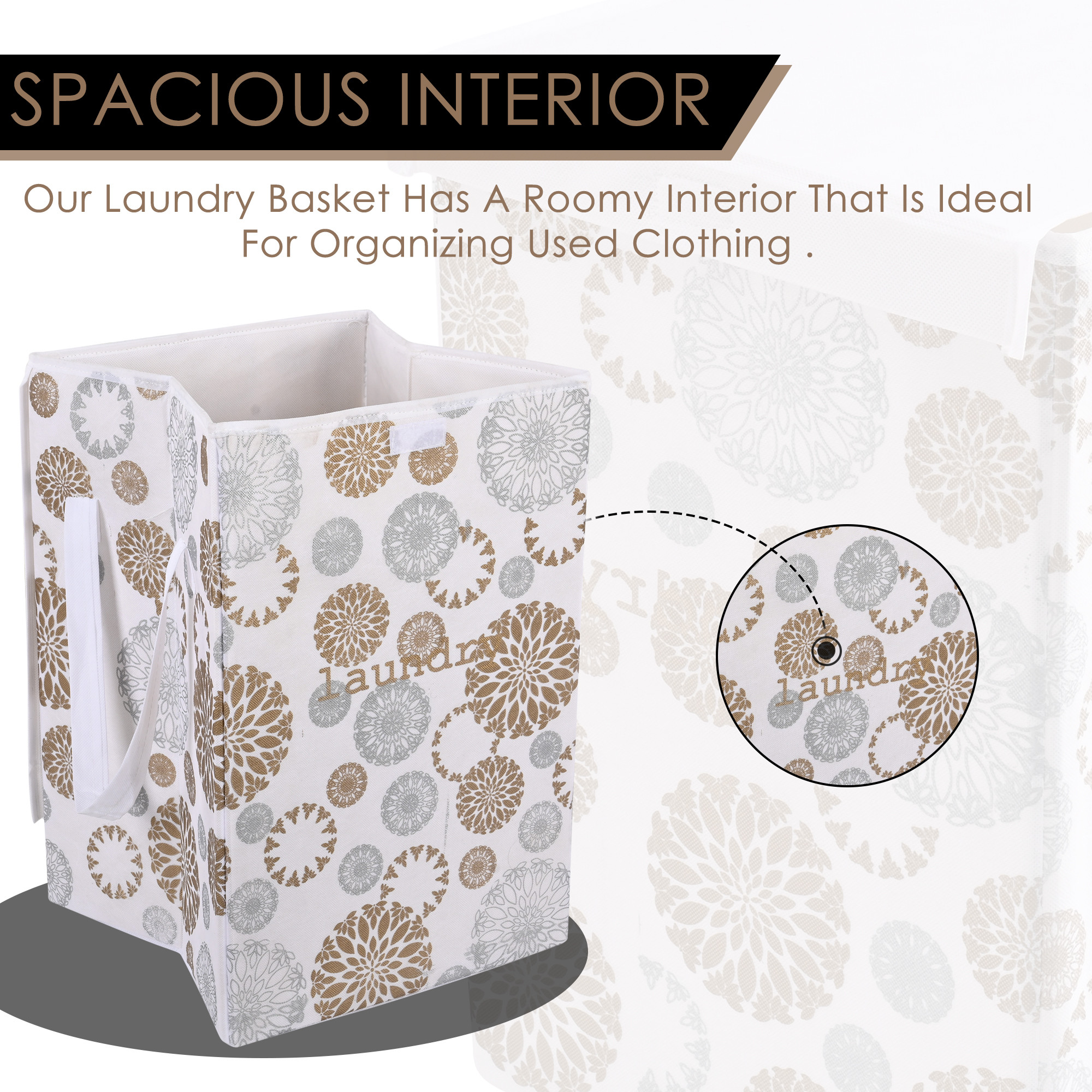 Kuber Industries Clothes Basket  75 LTR  Toy Storage Box  Foldable Laundry Bag  Lid  Handles  Gola Print  Dress Bin for Clothes  Washing Cloth Basket  Dhakkan Box  White