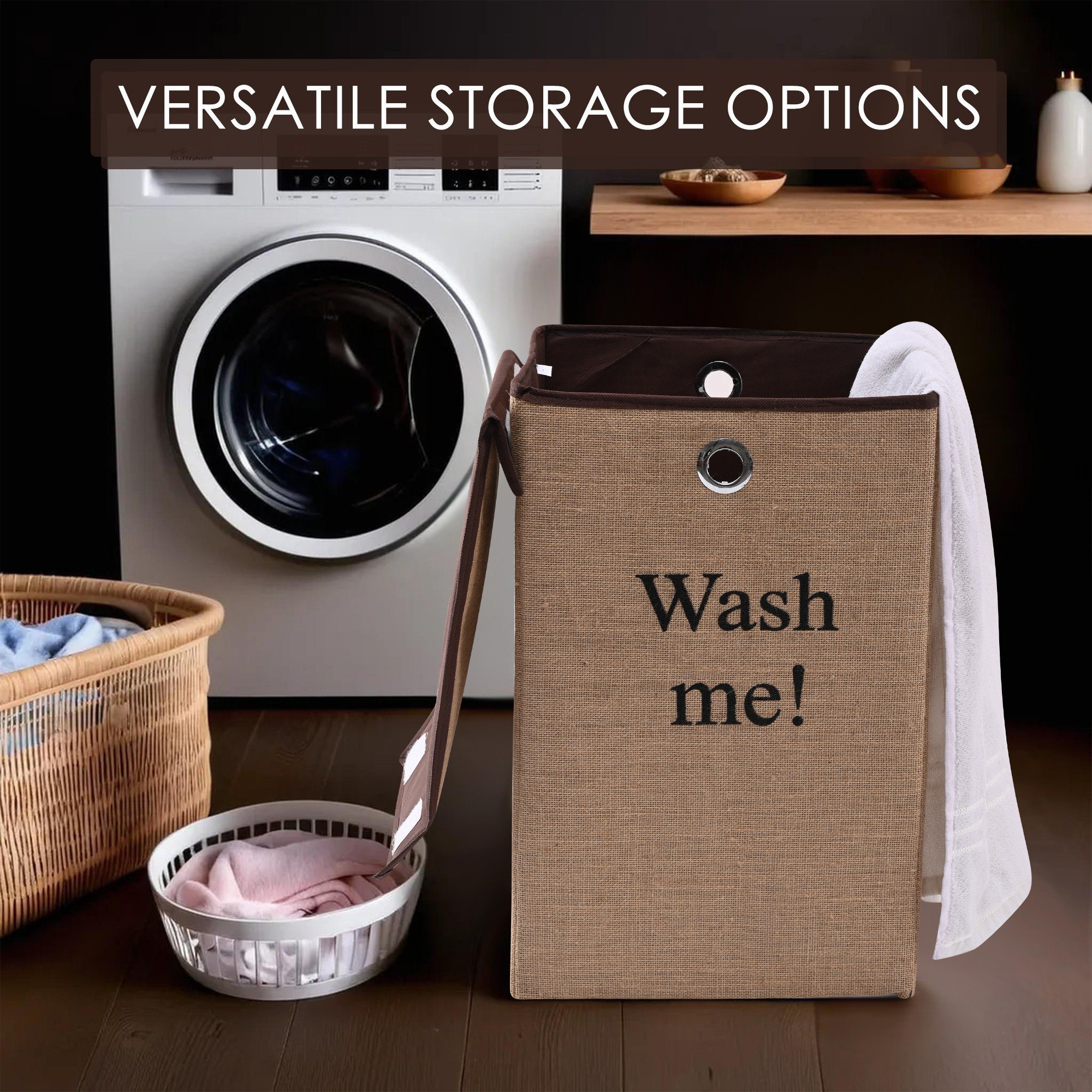 Kuber Industries Clothes Basket  75 LTR  Toy Storage Box  Velcro Lid  Jute Fabric  Foldable Laundry Basket  Clothes Dress Bin  Storage Box with Ring  Washing Cloth Basket  Brown