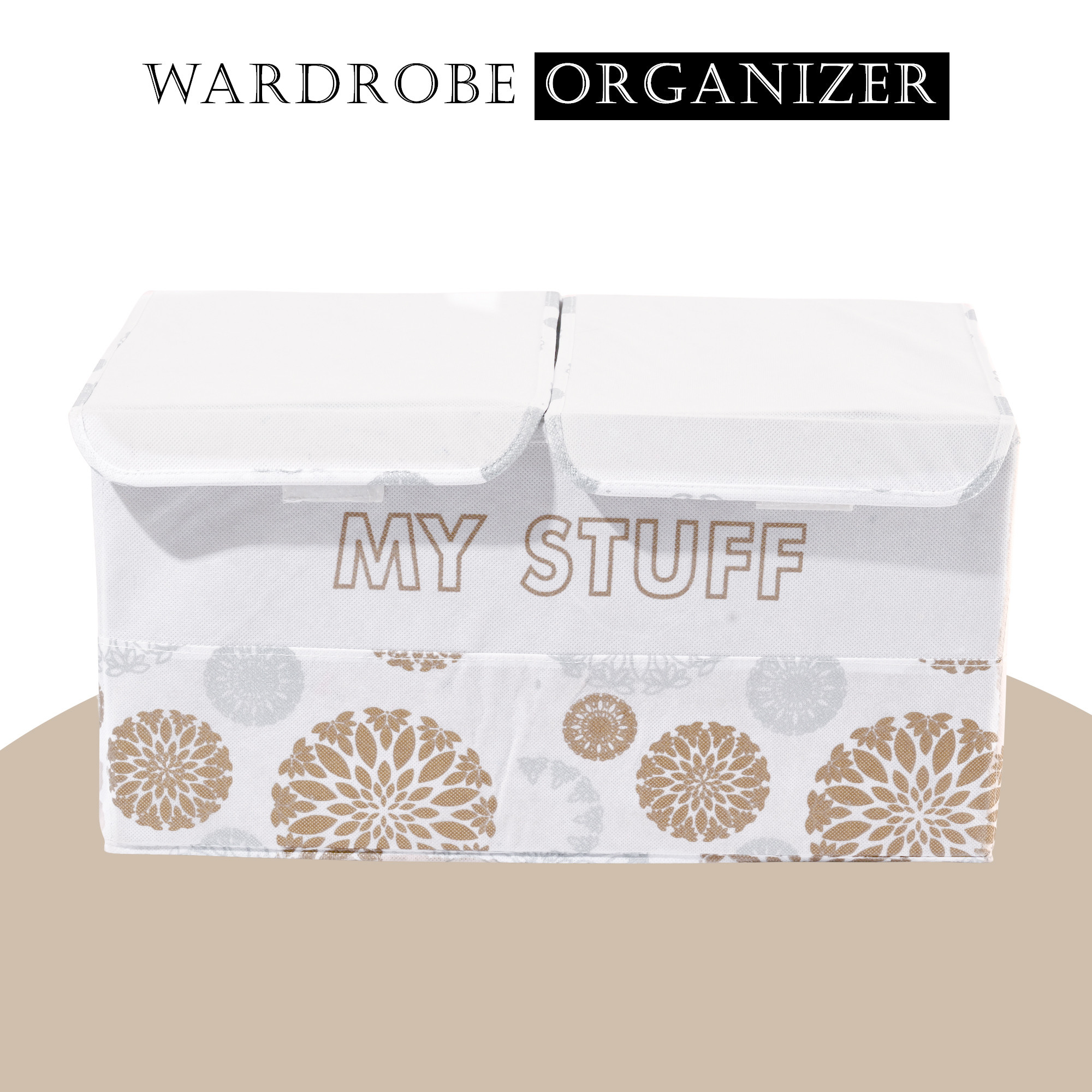 Kuber Industries Clothes Wardrobe Organizer  Large  Foldable Double Lid Drawer Organiser  Flower  2 Compartments  Cupboard Organiser  Non-Woven  Clothes Organizer  White