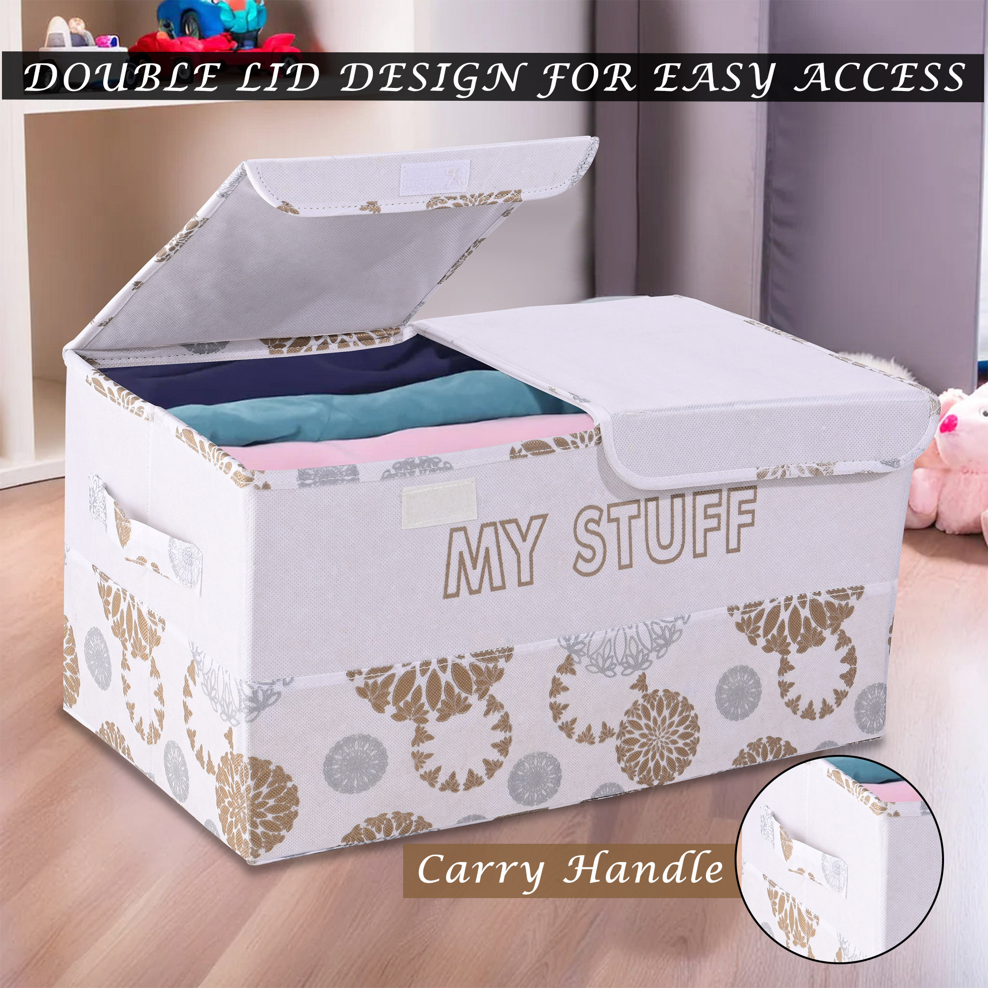 Kuber Industries Clothes Wardrobe Organizer  Large  Foldable Double Lid Drawer Organiser  Flower  2 Compartments  Cupboard Organiser  Non-Woven  Clothes Organizer  White