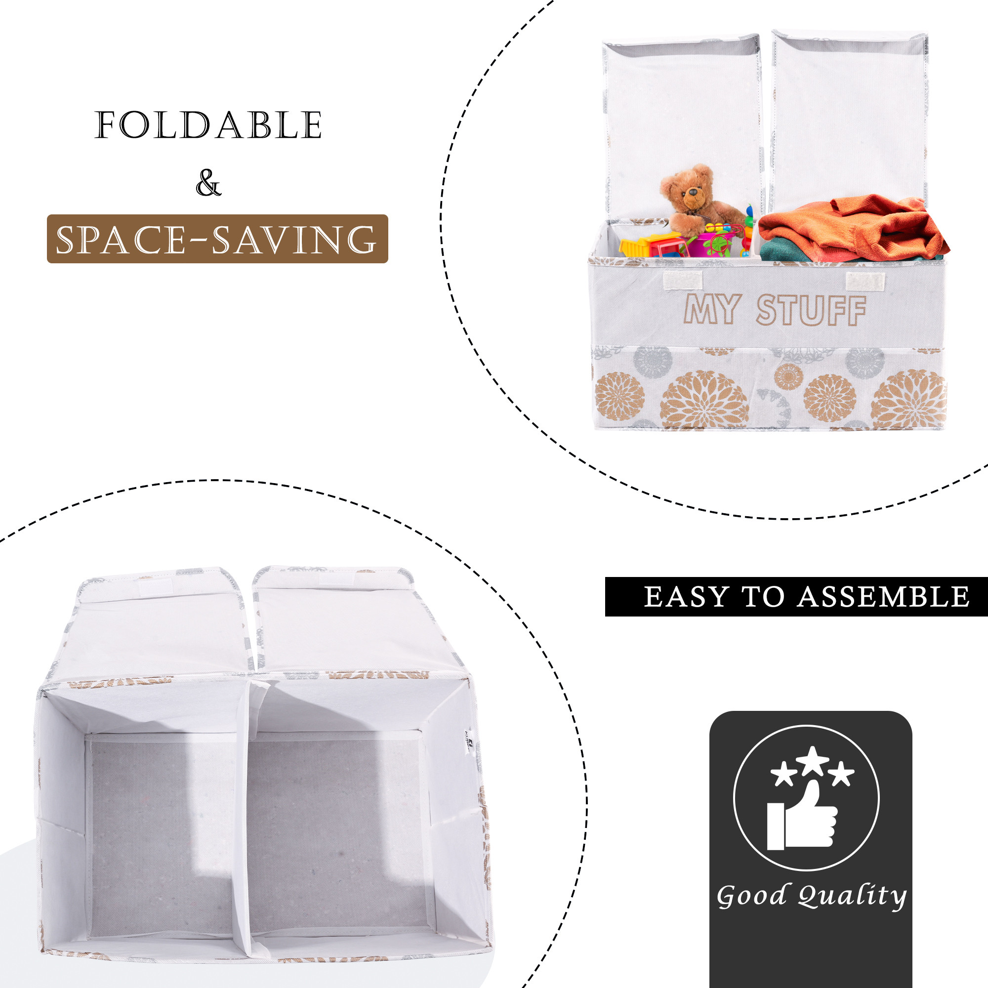 Kuber Industries Clothes Wardrobe Organizer  Large  Foldable Double Lid Drawer Organiser  Flower  2 Compartments  Cupboard Organiser  Non-Woven  Clothes Organizer  White