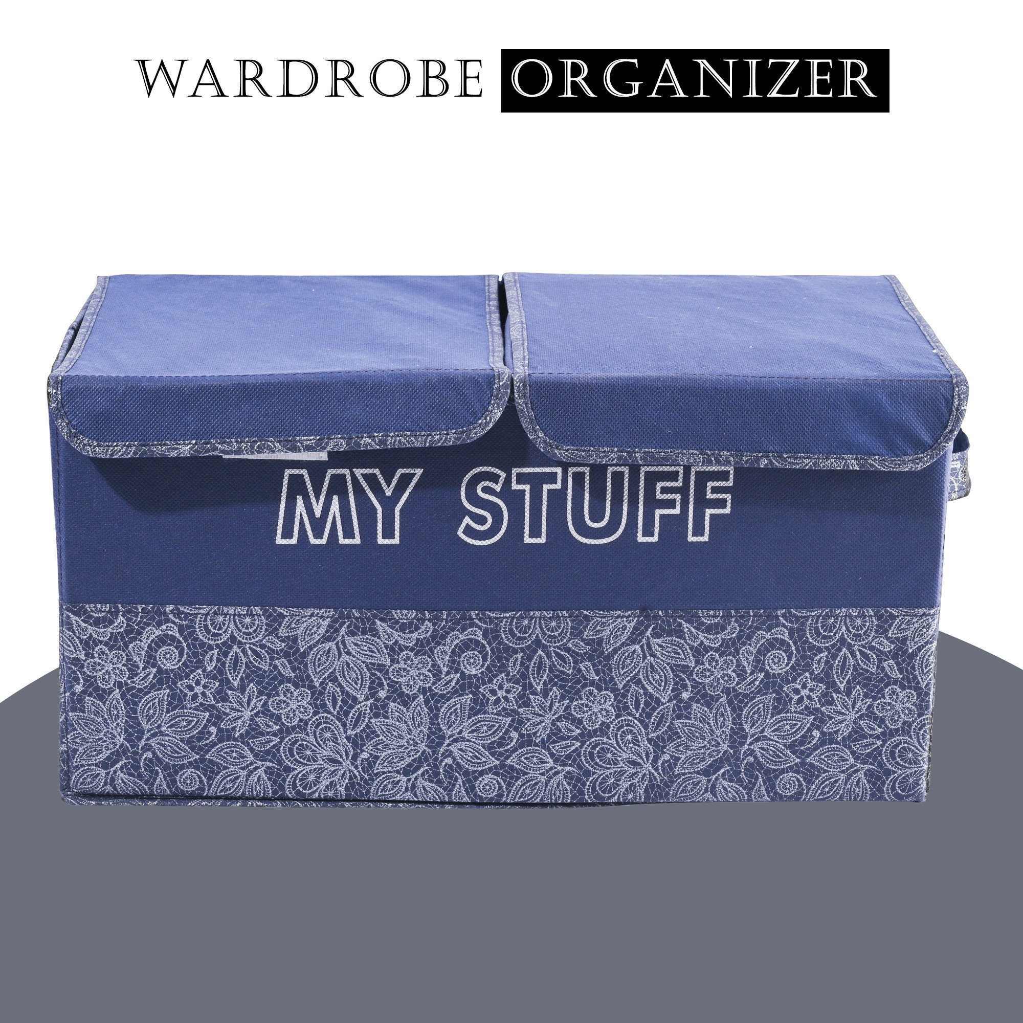 Kuber Industries Clothes Wardrobe Organizer  Large  Foldable Double Lid Drawer Organiser  Flower  2 Compartments  Cupboard Organiser  Non-Woven  Clothes Organizer  Navy Blue