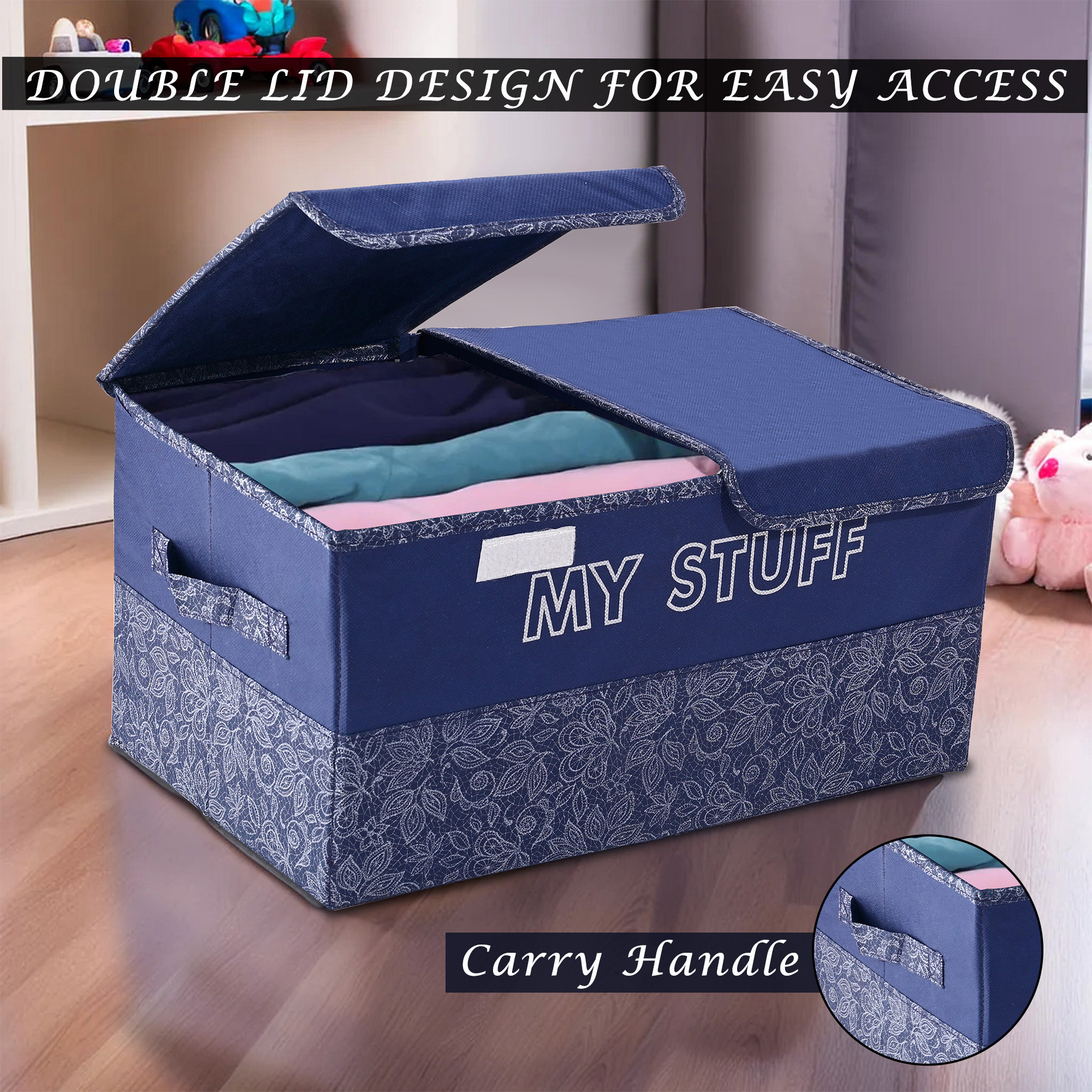 Kuber Industries Clothes Wardrobe Organizer  Large  Foldable Double Lid Drawer Organiser  Flower  2 Compartments  Cupboard Organiser  Non-Woven  Clothes Organizer  Navy Blue
