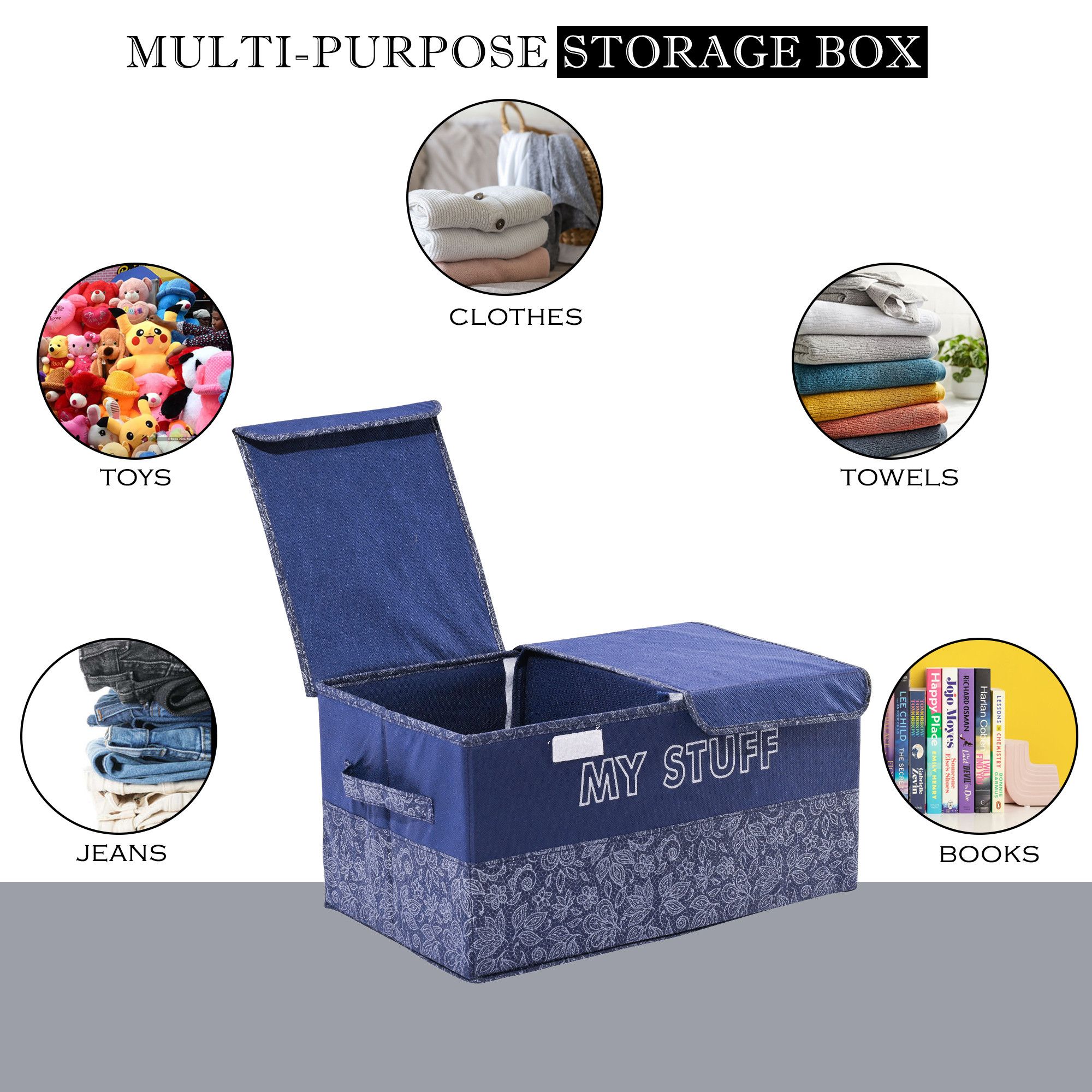 Kuber Industries Clothes Wardrobe Organizer  Large  Foldable Double Lid Drawer Organiser  Flower  2 Compartments  Cupboard Organiser  Non-Woven  Clothes Organizer  Navy Blue